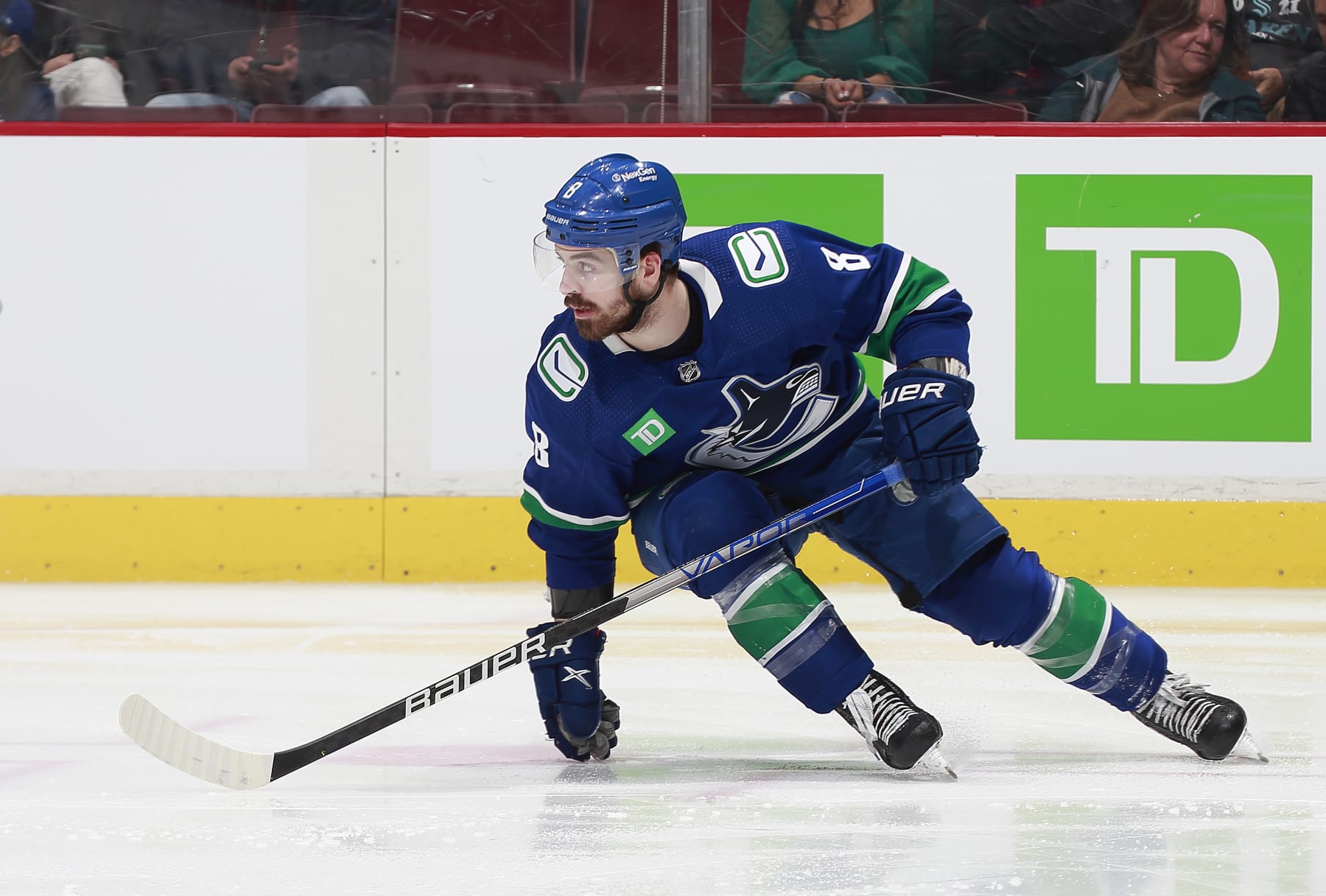 VANCOUVER, CANADA - APRIL 4: Conor Garland #8 of the Vancouver Canucks skates up ice during their NHL game against the Seattle Kraken at Rogers Arena April 4, 2023 in Vancouver, British Columbia, Canada.  (Photo by Jeff Vinnick/NHLI via Getty Images)