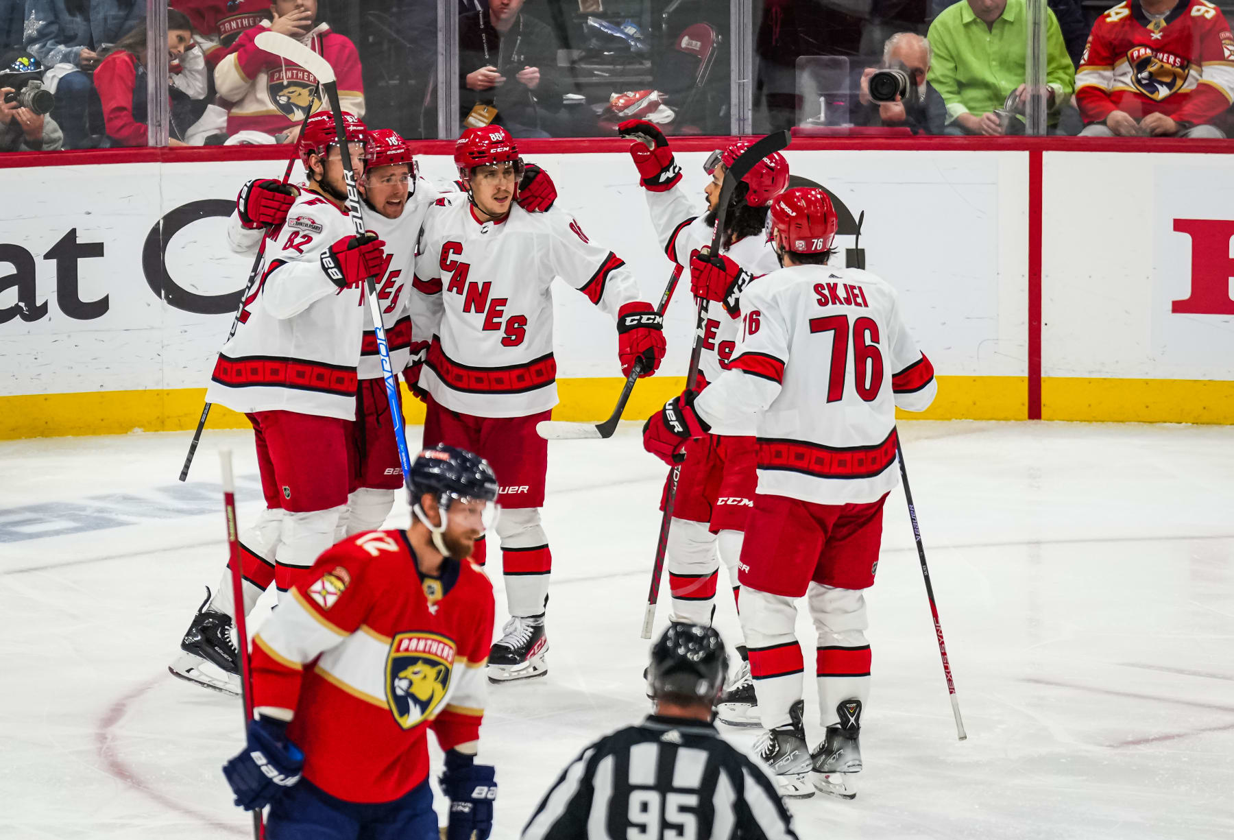 SUNRISE, FLORIDA - MAY 24: Teuvo Teravainen #86 of the Carolina Hurricanes celebrates with teammates after a goal during the second period against the Florida Panthers in Game Four of the Eastern Conference Final of the 2023 Stanley Cup Playoffs at FLA Live Arena on May 24, 2023 in Sunrise, Florida. (Photo by Cato Cataldo/NHLI via Getty Images)