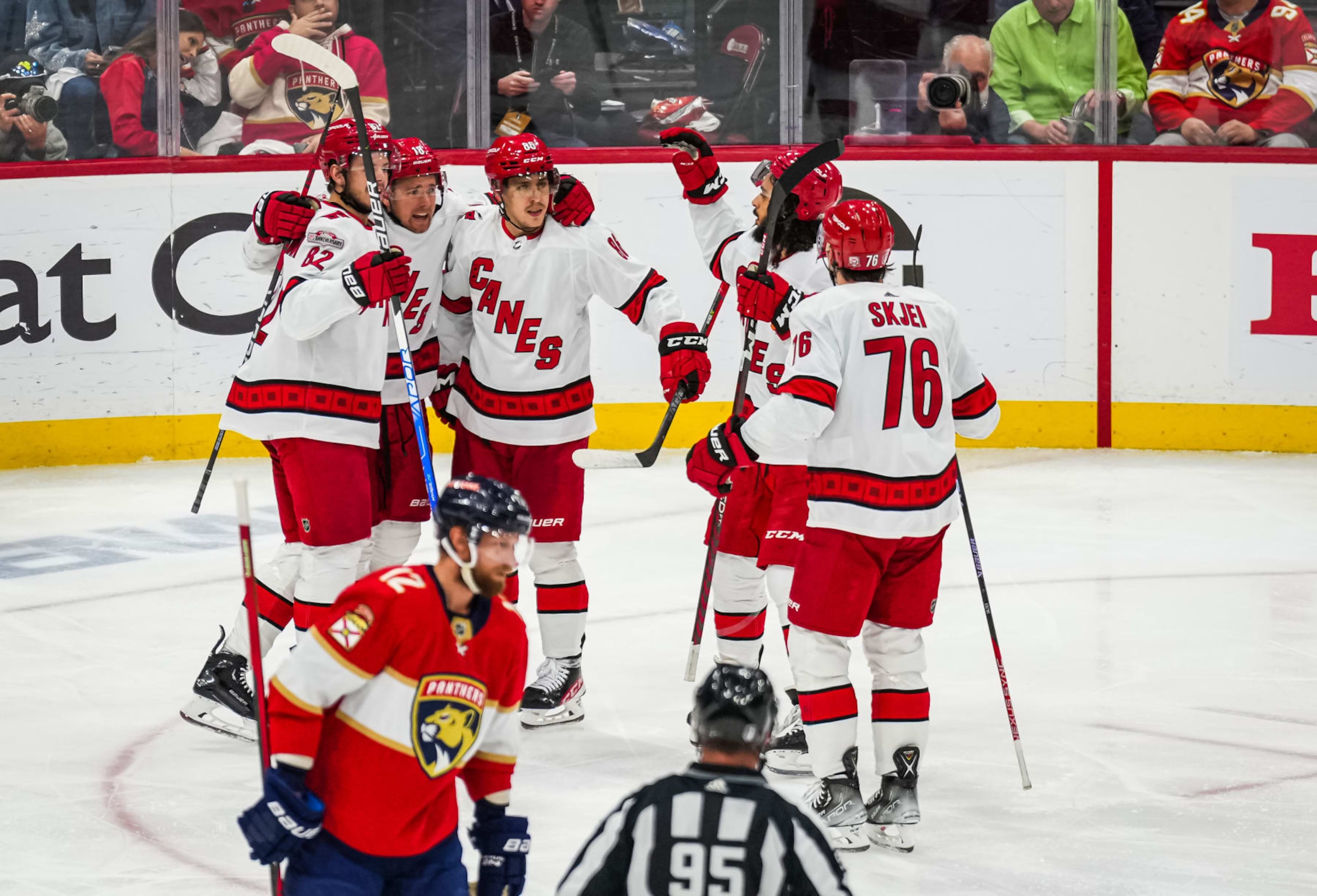 SUNRISE, FLORIDA - MAY 24: Teuvo Teravainen #86 of the Carolina Hurricanes celebrates with teammates after a goal during the second period against the Florida Panthers in Game Four of the Eastern Conference Final of the 2023 Stanley Cup Playoffs at FLA Live Arena on May 24, 2023 in Sunrise, Florida. (Photo by Cato Cataldo/NHLI via Getty Images)