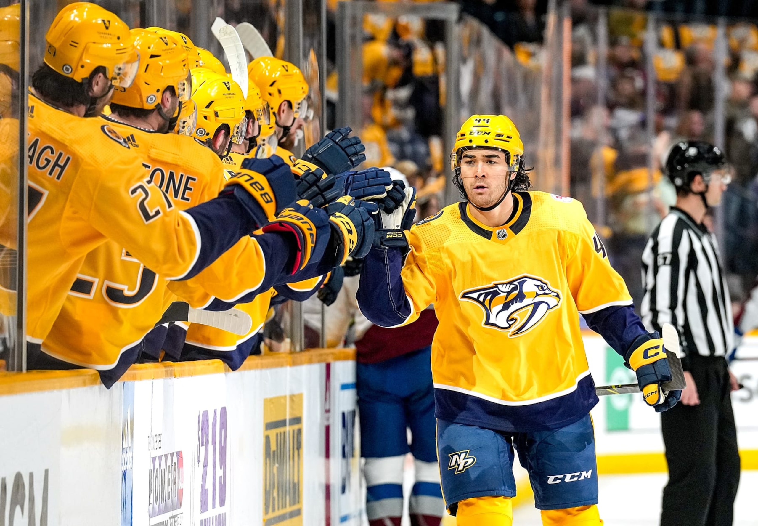 NASHVILLE, TENNESSEE - APRIL 14: Kiefer Sherwood #44 of the Nashville Predators celebrates his goal against the Colorado Avalanche during an NHL game at Bridgestone Arena on April 14, 2023 in Nashville, Tennessee. (Photo by John Russell/NHLI via Getty Images)