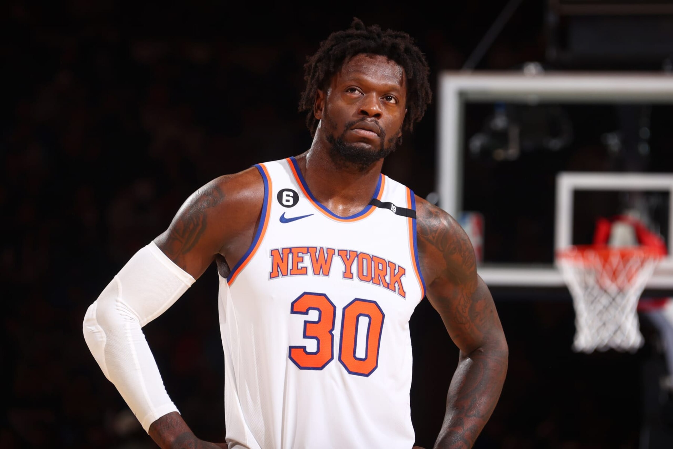 NEW YORK, NY - MAY 10: Julius Randle #30 of the New York Knicks looks on during Round 2 Game 5 of the Semi-Finals 2023 NBA Playoffs against the Miami Heat on May 10, 2023 at Madison Square Garden in New York City, New York.  NOTE TO USER: User expressly acknowledges and agrees that, by downloading and or using this photograph, User is consenting to the terms and conditions of the Getty Images License Agreement. Mandatory Copyright Notice: Copyright 2023 NBAE  (Photo by Nathaniel S. Butler/NBAE via Getty Images)