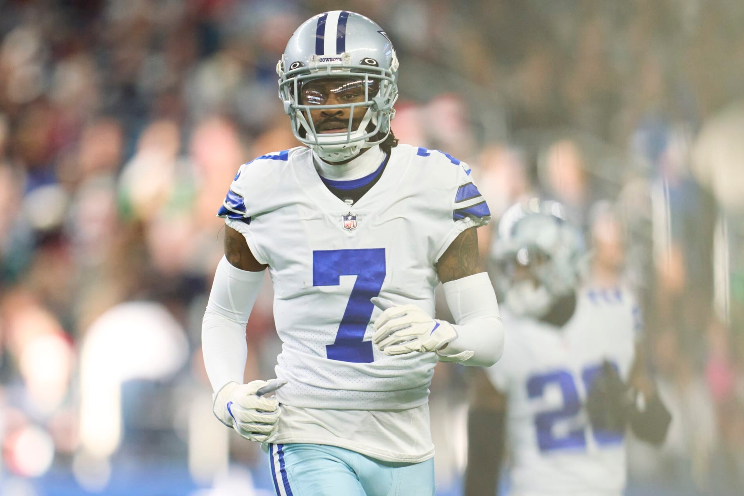 ARLINGTON, TX - DECEMBER 24: Cornerback Trevon Diggs #7 of the Dallas Cowboys defends against the Philadelphia Eagles during the first half at AT&T Stadium on December 24, 2022 in Arlington, Texas. (Photo by Cooper Neill/Getty Images)