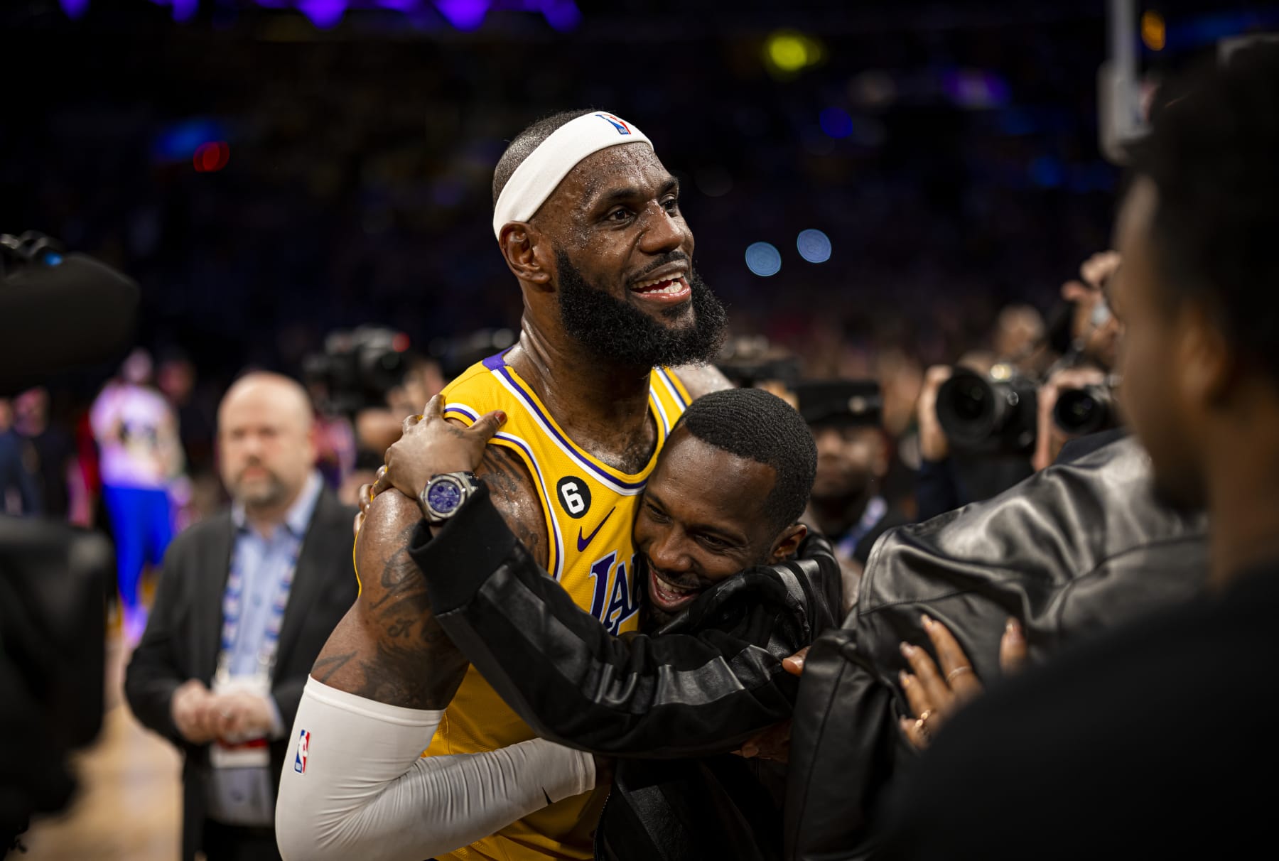 LOS ANGELES, CA - FEBRUARY 7: Rich Paul hugs LeBron James #6 of the Los Angeles Lakers after the game against the Oklahoma City Thunder on February 7, 2023 at Crypto.Com Arena in Los Angeles, California. NOTE TO USER: User expressly acknowledges and agrees that, by downloading and/or using this Photograph, user is consenting to the terms and conditions of the Getty Images License Agreement. Mandatory Copyright Notice: Copyright 2023 NBAE (Photo by Zach Beeker/NBAE via Getty Images)
