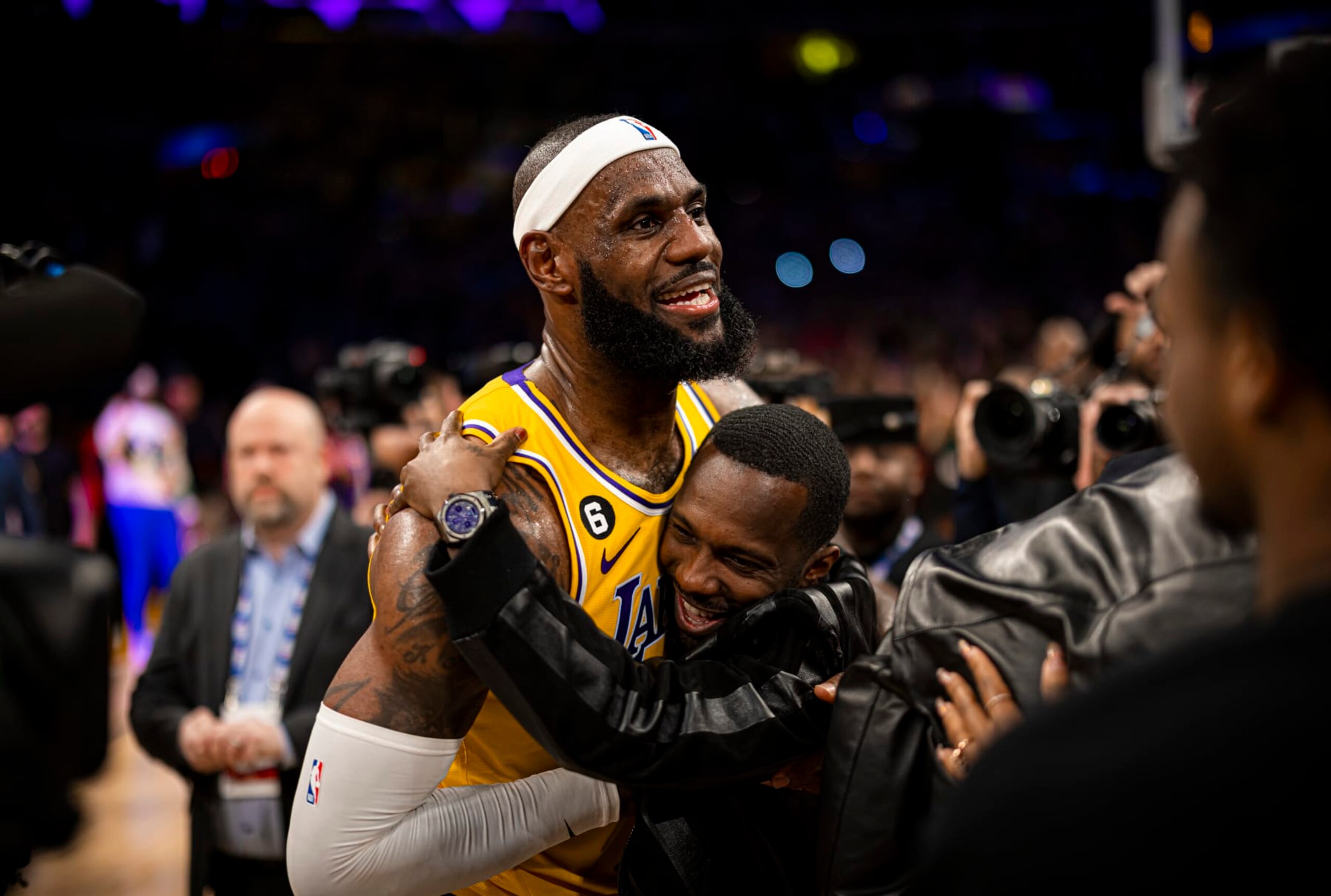 LOS ANGELES, CA - FEBRUARY 7: Rich Paul hugs LeBron James #6 of the Los Angeles Lakers after the game against the Oklahoma City Thunder on February 7, 2023 at Crypto.Com Arena in Los Angeles, California. NOTE TO USER: User expressly acknowledges and agrees that, by downloading and/or using this Photograph, user is consenting to the terms and conditions of the Getty Images License Agreement. Mandatory Copyright Notice: Copyright 2023 NBAE (Photo by Zach Beeker/NBAE via Getty Images)