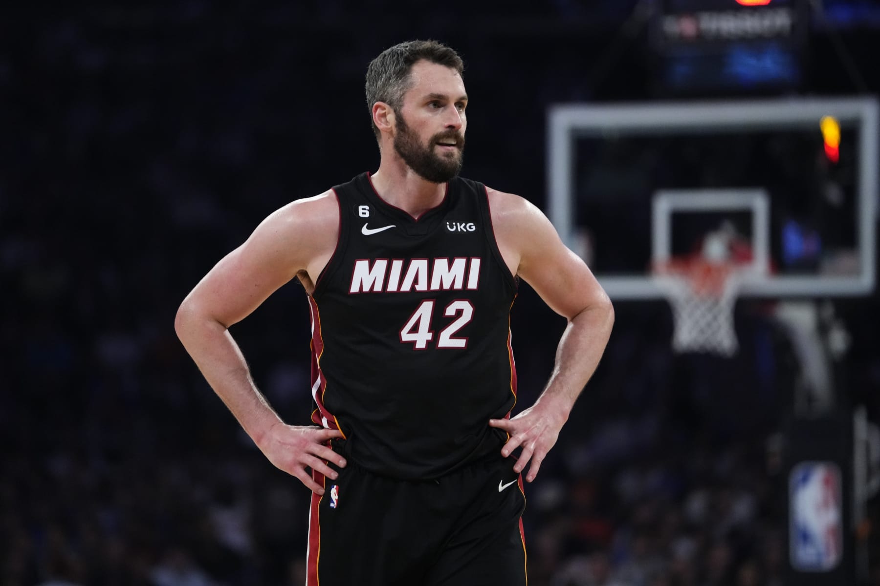 Miami Heat's Kevin Love (42) during the first half of Game 5 of the NBA basketball Eastern Conference playoff semifinal against the New York Knicks Wednesday, May 10, 2023, in New York. (AP Photo/Frank Franklin II)