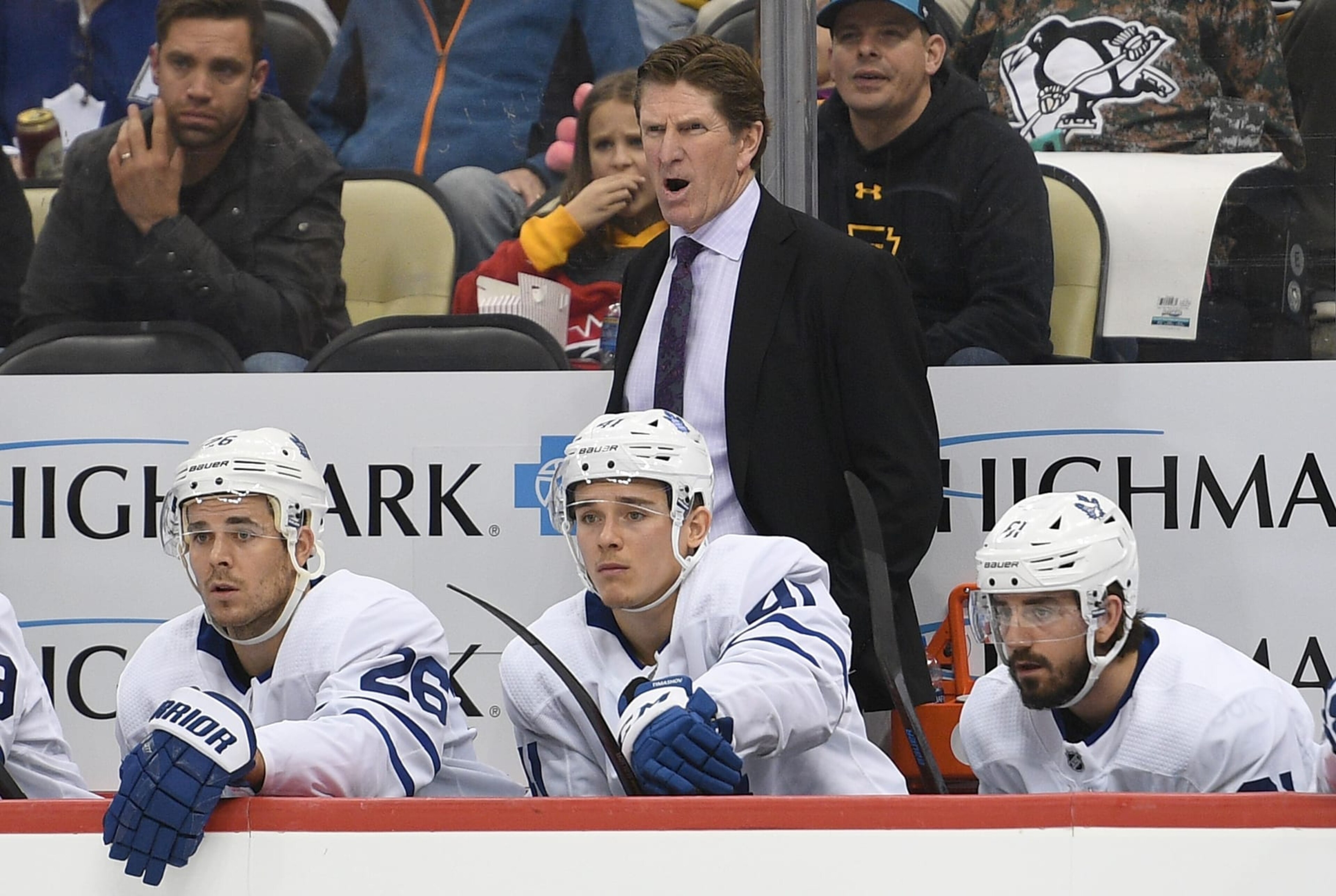 PITTSBURGH, PA - NOVEMBER 16: Head Coach Mike Babcock of the Toronto Maple Leafs looks on from the bench in the third period during the game against the Pittsburgh Penguins at PPG Paints Arena on November 16, 2019 in Pittsburgh, Pennsylvania. (Photo by Justin Berl/Icon Sportswire via Getty Images) PITTSBURGH, PA - NOVEMBER 16: Head Coach Mike Babcock of the Toronto Maple Leafs looks on from the bench in the third period during the game against the Pittsburgh Penguins at PPG Paints Arena on November 16, 2019 in Pittsburgh, Pennsylvania. (Photo by Justin Berl/Icon Sportswire via Getty Images)