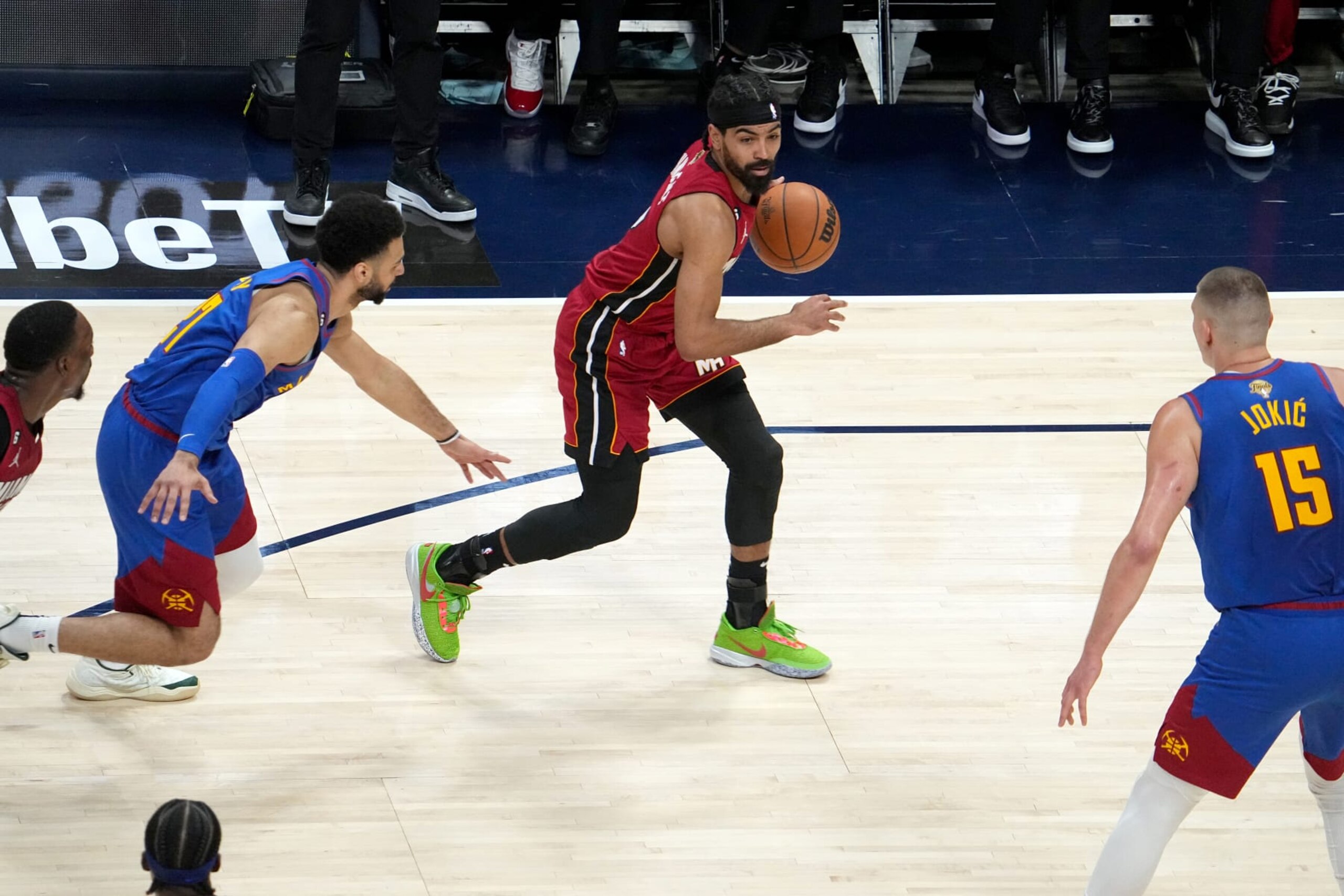 DENVER, CO - JUNE 1: Gabe Vincent #2 of the Miami Heat handles the ball during Game One of the 2023 NBA Finals on June 1, 2023 at the Ball Arena in Denver, Colorado. NOTE TO USER: User expressly acknowledges and agrees that, by downloading and/or using this Photograph, user is consenting to the terms and conditions of the Getty Images License Agreement. Mandatory Copyright Notice: Copyright 2023 NBAE (Photo by Bart Young/NBAE via Getty Images) DENVER, CO - JUNE 1: Gabe Vincent #2 of the Miami Heat handles the ball during Game One of the 2023 NBA Finals on June 1, 2023 at the Ball Arena in Denver, Colorado. NOTE TO USER: User expressly acknowledges and agrees that, by downloading and/or using this Photograph, user is consenting to the terms and conditions of the Getty Images License Agreement. Mandatory Copyright Notice: Copyright 2023 NBAE (Photo by Bart Young/NBAE via Getty Images)