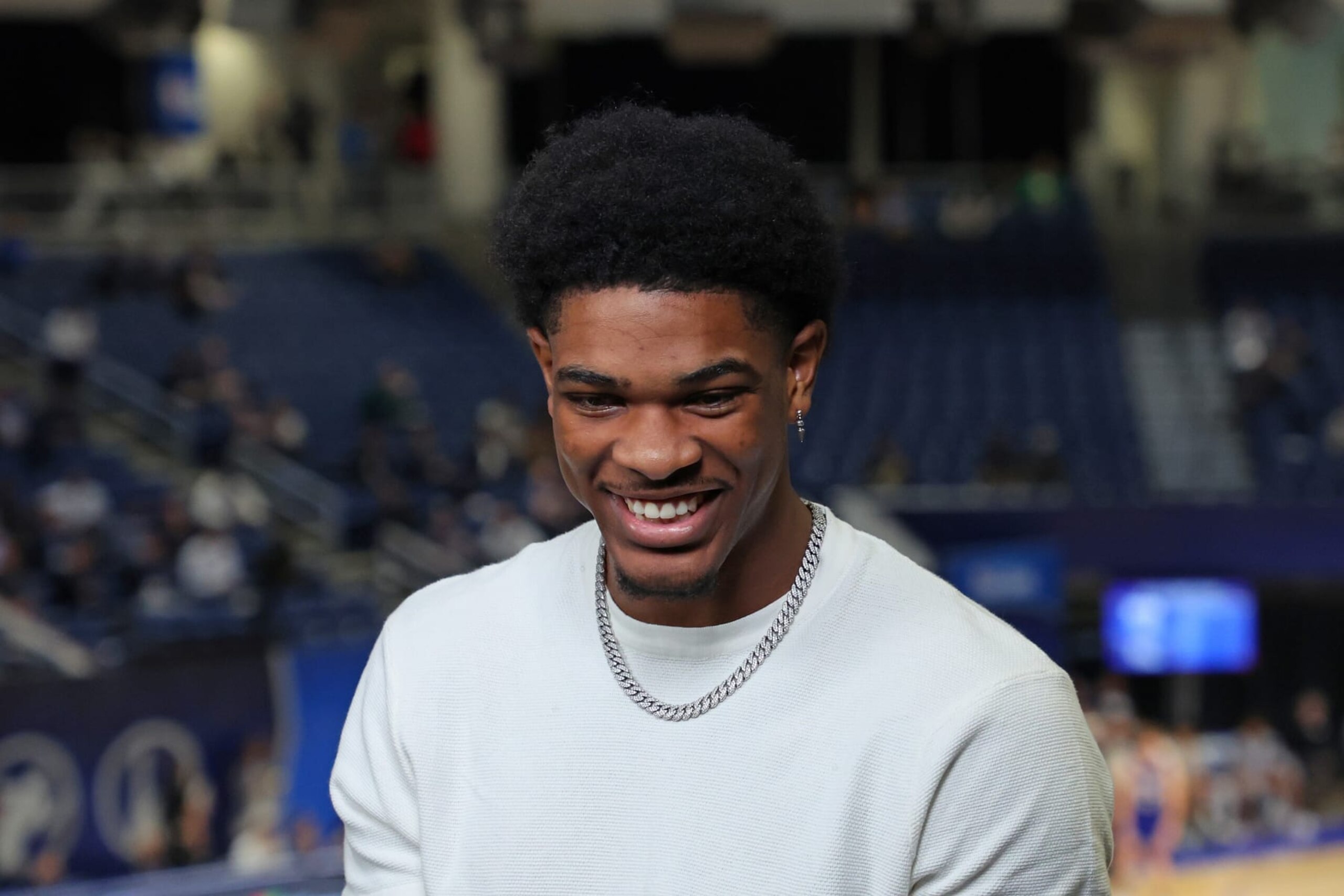 CHICAGO, ILLINOIS - MAY 17: Scoot Henderson speaks with the media during the NBA Draft Combine at the Wintrust Arena on May 17, 2023 in Chicago, Illinois. NOTE TO USER: User expressly acknowledges and agrees that, by downloading and or using this photograph, User is consenting to the terms and conditions of the Getty Images License Agreement. (Photo by Stacy Revere/Getty Images)