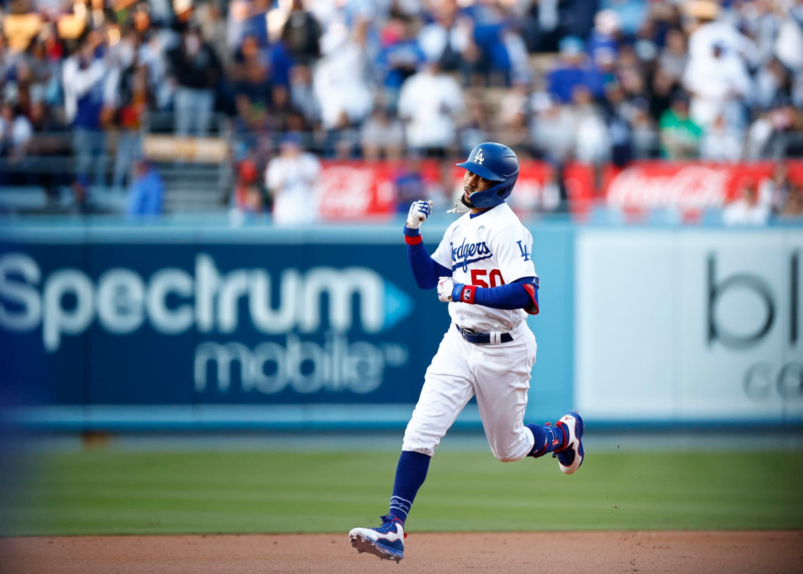 LOS ANGELES, CALIFORNIA - JUNE 02:  Mookie Betts #50 of the Los Angeles Dodgers celebrates a home run against the New York Yankees in the first inning at Dodger Stadium on June 02, 2023 in Los Angeles, California. (Photo by Ronald Martinez/Getty Images)