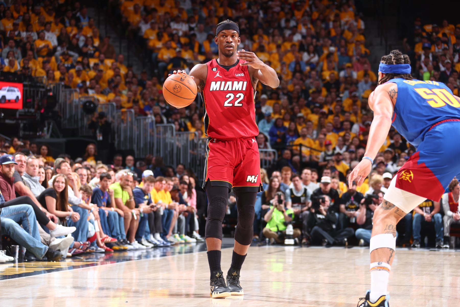 DENVER, CO - JUNE 1: Jimmy Butler #22 of the Miami Heat dribbles the ball during Game One of the 2023 NBA Finals on June 1, 2023 at the Ball Arena in Denver, Colorado. NOTE TO USER: User expressly acknowledges and agrees that, by downloading and/or using this Photograph, user is consenting to the terms and conditions of the Getty Images License Agreement. Mandatory Copyright Notice: Copyright 2023 NBAE (Photo by Nathaniel S. Butler/NBAE via Getty Images)