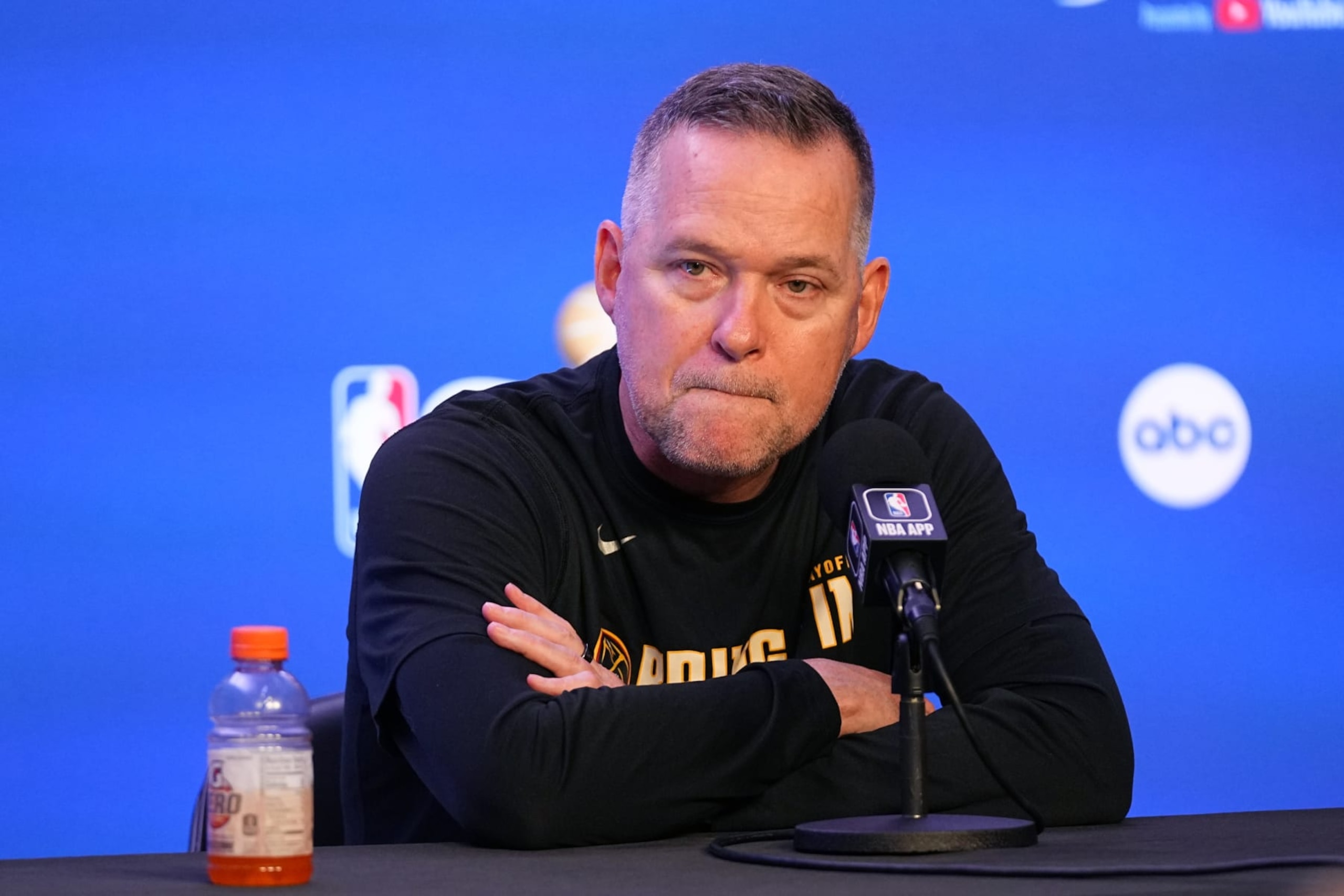 DENVER, CO - JUNE 3: Head Coach Michael Malone of the Denver Nuggets speaks to the media during 2023 NBA Finals Practice and Media Availability on June 3, 2023 at the Ball Arena in Denver, Colorado. NOTE TO USER: User expressly acknowledges and agrees that, by downloading and/or using this Photograph, user is consenting to the terms and conditions of the Getty Images License Agreement. Mandatory Copyright Notice: Copyright 2023 NBAE (Photo by Bart Young/NBAE via Getty Images)