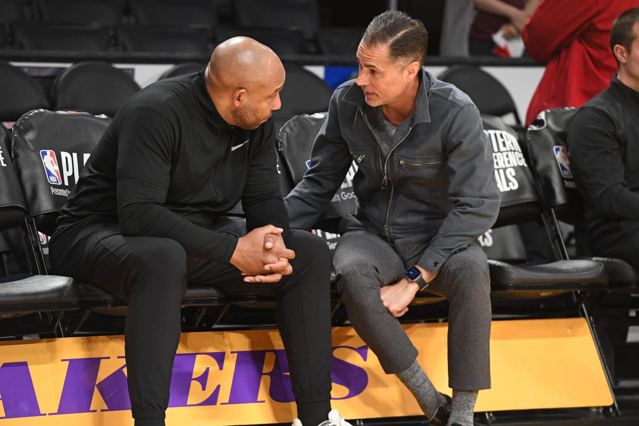 LOS ANGELES, CA - MAY 22: Head Coach Darvin Ham speaks with assistant coach Rob Pelinka of the Los Angeles Lakers speaks with during round 2 game 4 of the Western Conference finals on May 22, 2023 at Crypto.Com Arena in Los Angeles, California. NOTE TO USER: User expressly acknowledges and agrees that, by downloading and/or using this Photograph, user is consenting to the terms and conditions of the Getty Images License Agreement. Mandatory Copyright Notice: Copyright 2023 NBAE (Photo by Andrew D. Bernstein/NBAE via Getty Images)