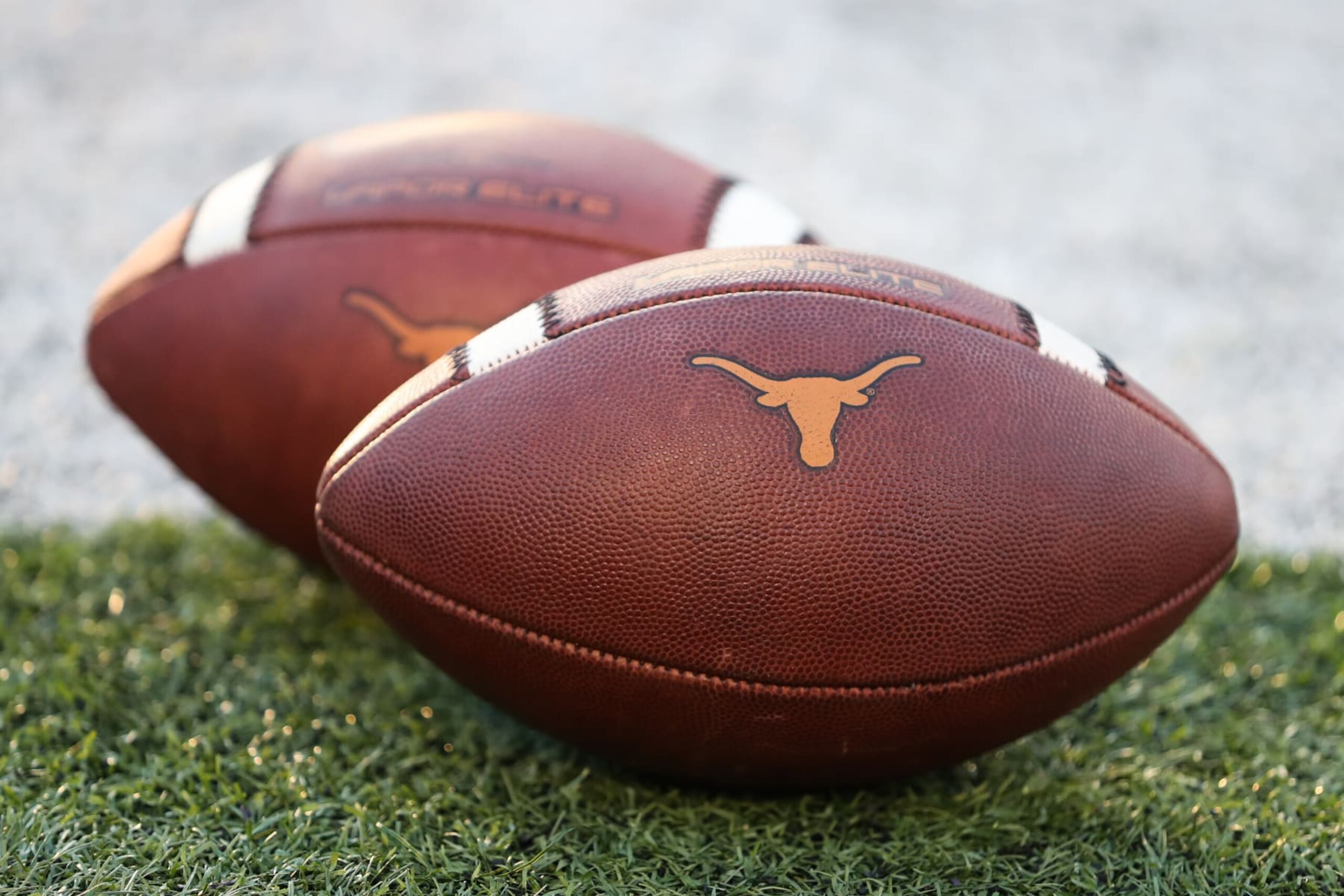 MANHATTAN, KS - NOVEMBER 05: A view of footballs with Texas Longhorns logos before a Big 12 college football game between the Texas Longhorns and Kansas State Wildcats on November 5, 2022 at Bill Snyder Family Stadium in Manhattan, KS. (Photo by Scott Winters/Icon Sportswire via Getty Images)