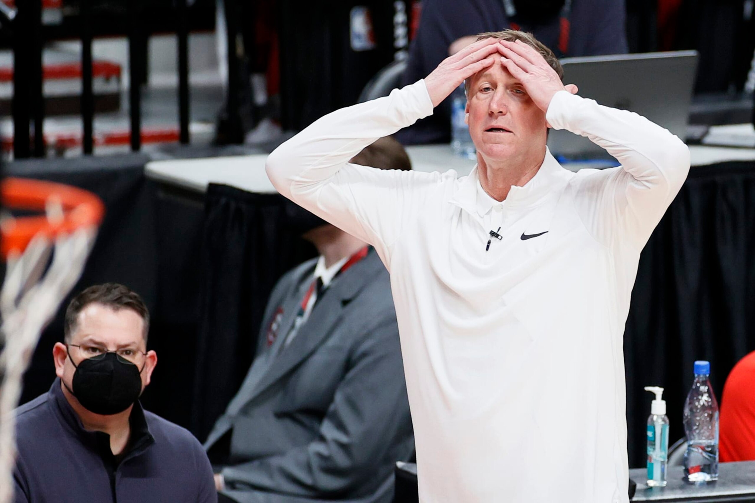 PORTLAND, OREGON - JUNE 03: Head coach Terry Stotts of the Portland Trail Blazers reacts in the second quarter against the Denver Nuggets during Round 1, Game 6 of the 2021 NBA Playoffs at Moda Center on June 03, 2021 in Portland, Oregon. NOTE TO USER: User expressly acknowledges and agrees that, by downloading and or using this photograph, User is consenting to the terms and conditions of the Getty Images License Agreement. (Photo by Steph Chambers/Getty Images)