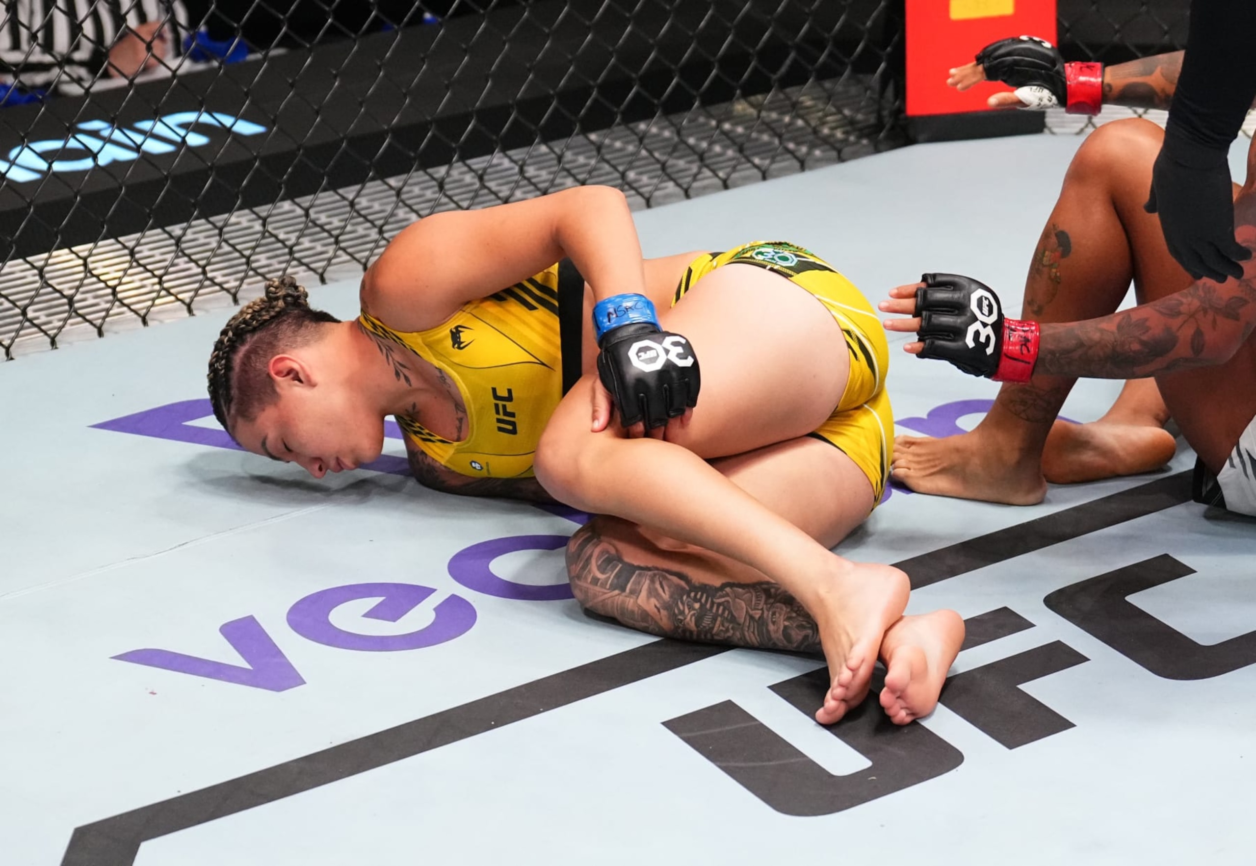 LAS VEGAS, NEVADA - JUNE 03: Ketlen Souza of Brazil reacts after her submission loss against Karine Silva of Brazil in a flyweight bout during the UFC Fight Night event at UFC APEX on June 03, 2023 in Las Vegas, Nevada. (Photo by Chris Unger/Zuffa LLC via Getty Images)