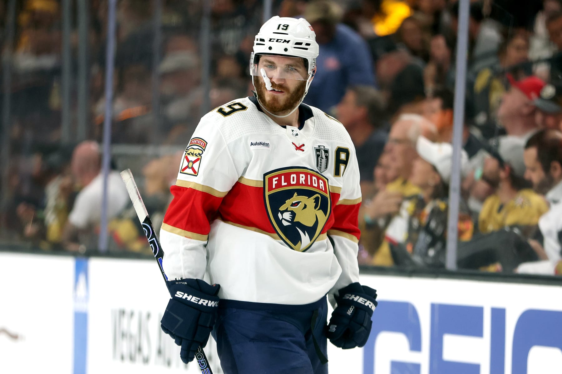 LAS VEGAS, NEVADA - JUNE 03:  Matthew Tkachuk #19 of the Florida Panthers reacts during the second period against the Vegas Golden Knights in Game One of the 2023 NHL Stanley Cup Final at T-Mobile Arena on June 03, 2023 in Las Vegas, Nevada. (Photo by Sean M. Haffey/Getty Images)