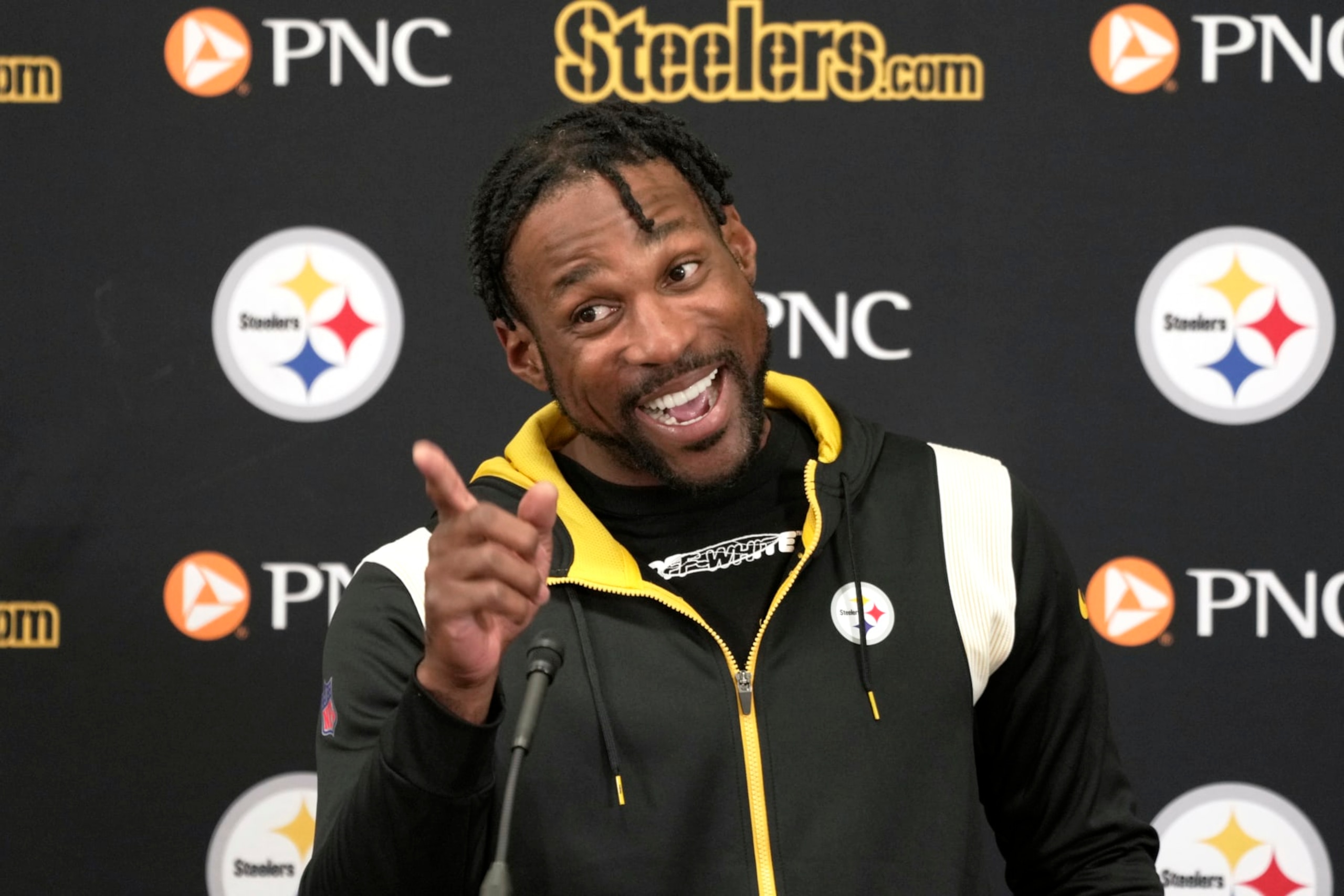 New Pittsburgh Steelers cornerback Patrick Peterson meets with reporters at the NFL football team's practice facility in Pittsburgh, Thursday, March 16, 2023. The Steelers signed the eight-time Pro Bowler to a two-year deal to give their secondary an experienced voice heading into 2023. (AP Photo/Gene J. Puskar)