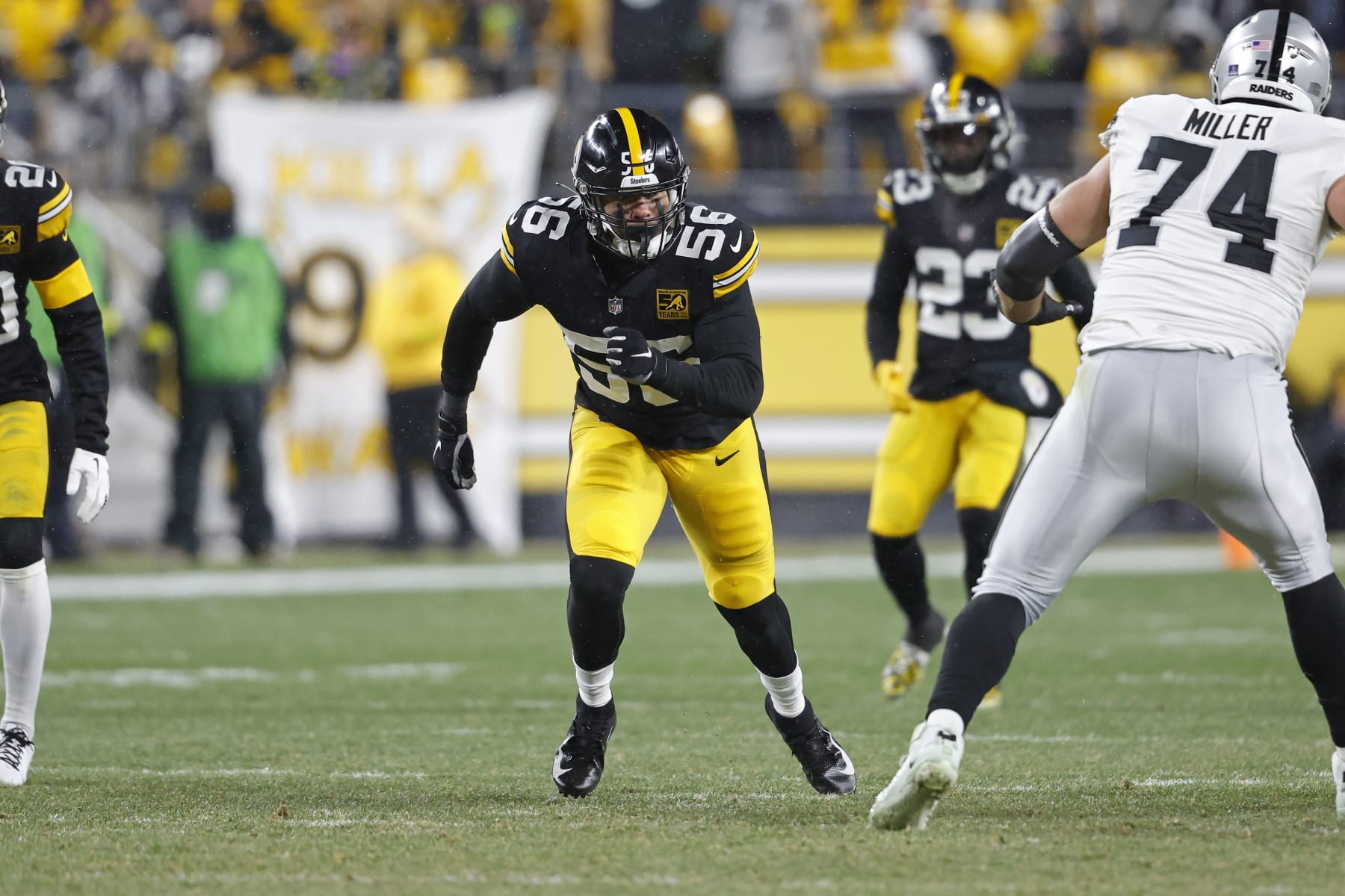 Pittsburgh Steelers linebacker Alex Highsmith (56) during an NFL football game against the Las Vegas Raiders, Sunday, Dec. 24, 2022, in Pittsburgh. (AP Photo/Tyler Kaufman)