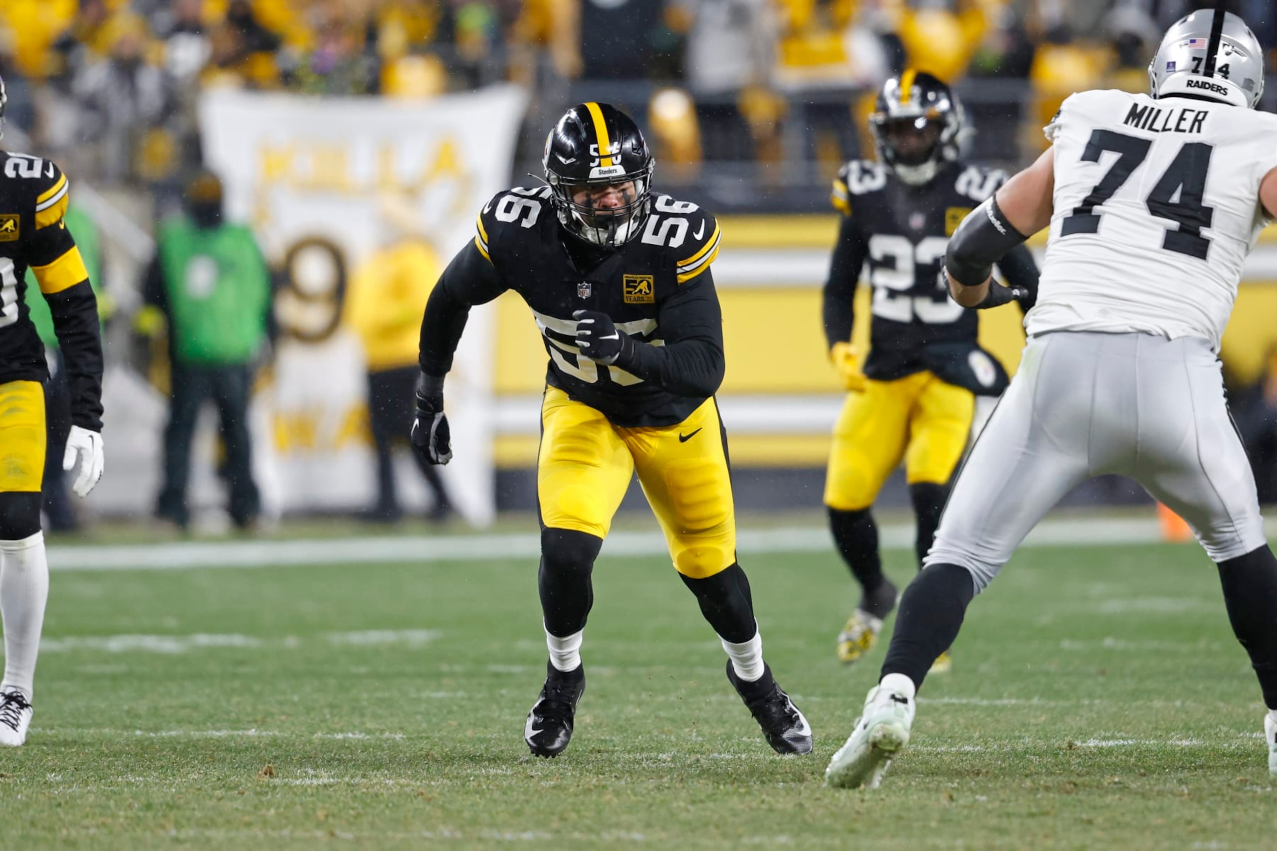 Pittsburgh Steelers linebacker Alex Highsmith (56) during an NFL football game against the Las Vegas Raiders, Sunday, Dec. 24, 2022, in Pittsburgh. (AP Photo/Tyler Kaufman)