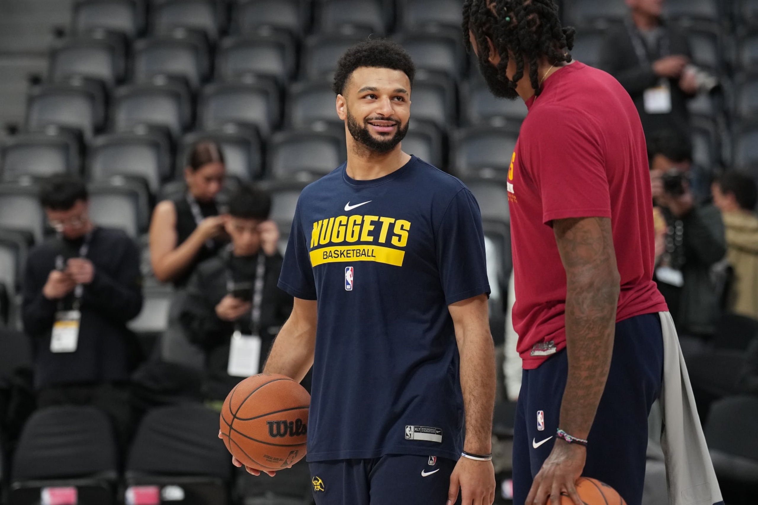 DENVER, CO - JUNE 3: Jamal Murray #27 of the Denver Nuggets looks on during 2023 NBA Finals Practice and Media Availability on June 3, 2023 at the Ball Arena in Denver, Colorado. NOTE TO USER: User expressly acknowledges and agrees that, by downloading and/or using this Photograph, user is consenting to the terms and conditions of the Getty Images License Agreement. Mandatory Copyright Notice: Copyright 2023 NBAE (Photo by Jesse D. Garrabrant/NBAE via Getty Images)