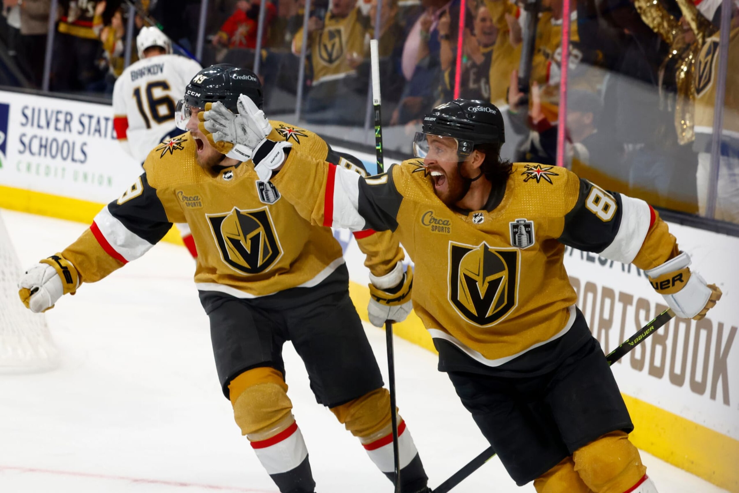 LAS VEGAS, NV - JUNE 03: Jonathan Marchessault #81 of the Vegas Golden Knights celebrates a goal with Ivan Barbashev #49 during Game One of the NHL Stanley Cup Final between the Florida Panthers and the Vegas Golden Knights on June 3, 2023 at T-Mobile Arena in Las Vegas, Nevada. (Photo by Jeff Speer/Icon Sportswire via Getty Images)