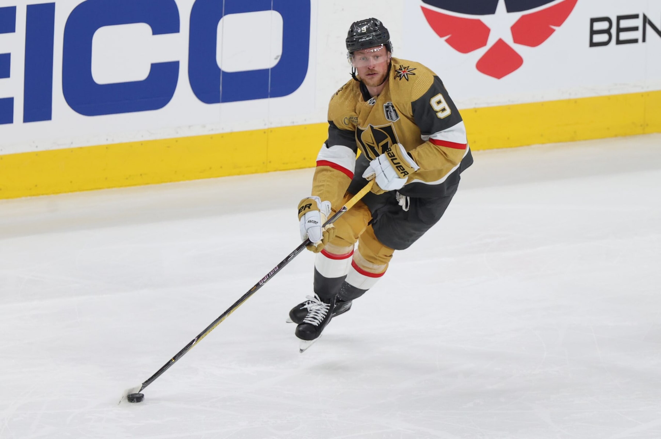 LAS VEGAS, NEVADA - JUNE 03: Jack Eichel #9 of the Vegas Golden Knights skates during the third period against the Florida Panthers in Game One of the 2023 NHL Stanley Cup Final at T-Mobile Arena on June 03, 2023 in Las Vegas, Nevada. (Photo by Zak Krill/NHLI via Getty Images)