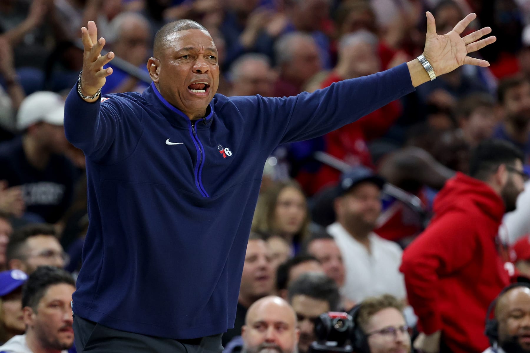 PHILADELPHIA, PENNSYLVANIA - MAY 11: Head Coach Doc Rivers of the Philadelphia 76ers reacts against the Boston Celtics during the first quarter in game six of the Eastern Conference Semifinals in the 2023 NBA Playoffs at Wells Fargo Center on May 11, 2023 in Philadelphia, Pennsylvania. NOTE TO USER: User expressly acknowledges and agrees that, by downloading and or using this photograph, User is consenting to the terms and conditions of the Getty Images License Agreement. (Photo by Tim Nwachukwu/Getty Images)