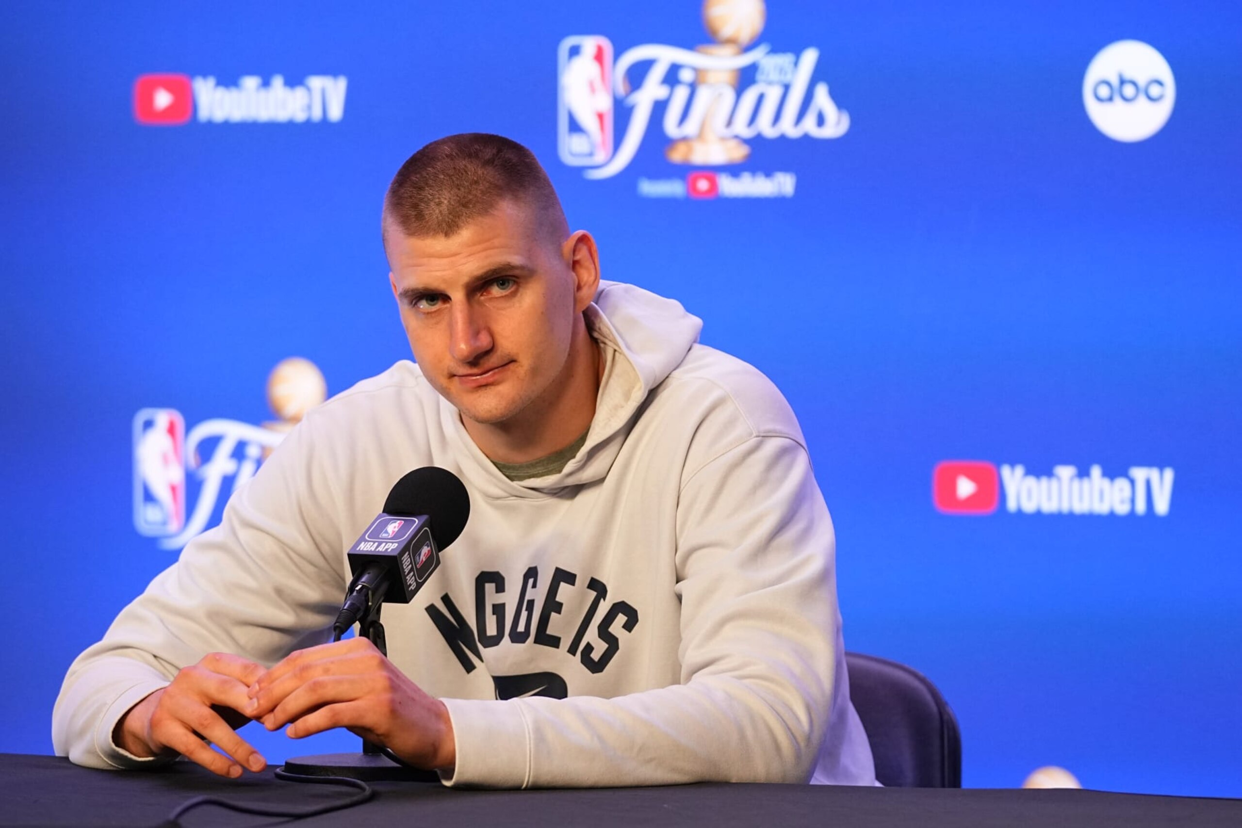 DENVER, CO - JUNE 3: Nikola Jokic #15 of the Denver Nuggets speaks to the media during 2023 NBA Finals Practice and Media Availability on June 3, 2023 at the Ball Arena in Denver, Colorado. NOTE TO USER: User expressly acknowledges and agrees that, by downloading and/or using this Photograph, user is consenting to the terms and conditions of the Getty Images License Agreement. Mandatory Copyright Notice: Copyright 2023 NBAE (Photo by Bart Young/NBAE via Getty Images)