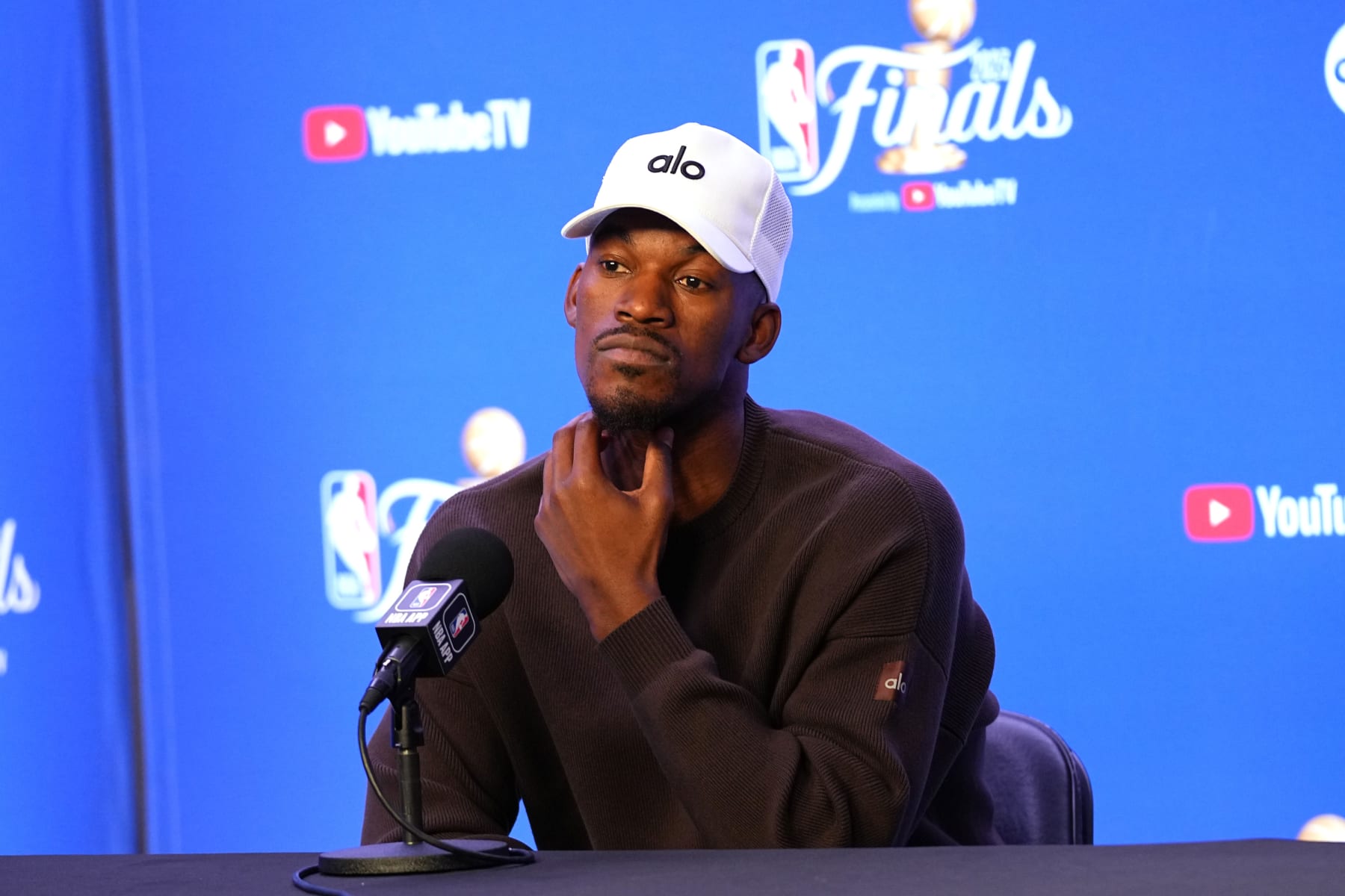DENVER, CO - JUNE 3: Jimmy Butler #22 of the Miami Heat speaks to the media during 2023 NBA Finals Practice and Media Availability on June 3, 2023 at the Ball Arena in Denver, Colorado. NOTE TO USER: User expressly acknowledges and agrees that, by downloading and/or using this Photograph, user is consenting to the terms and conditions of the Getty Images License Agreement. Mandatory Copyright Notice: Copyright 2023 NBAE (Photo by Bart Young/NBAE via Getty Images)