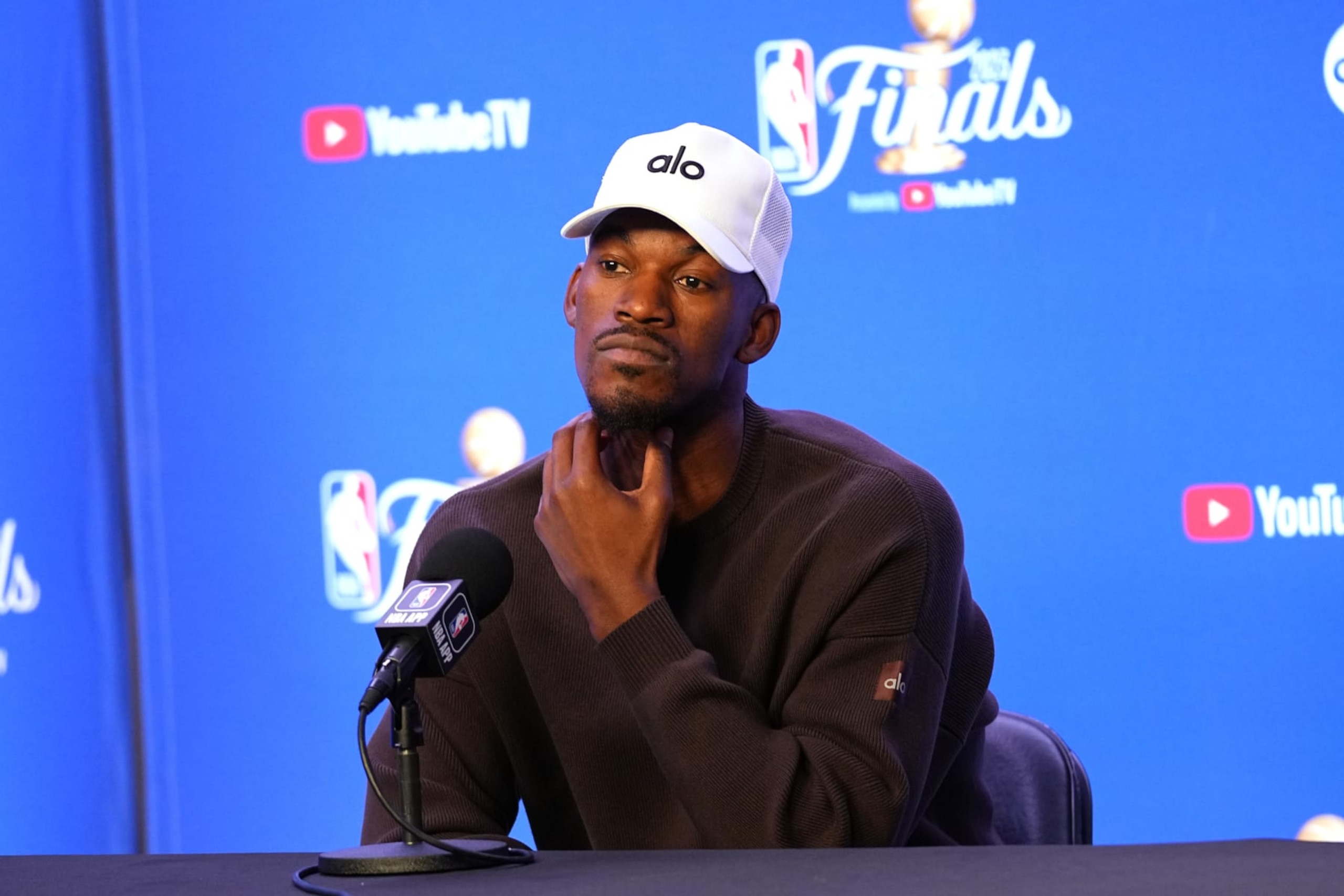 DENVER, CO - JUNE 3: Jimmy Butler #22 of the Miami Heat speaks to the media during 2023 NBA Finals Practice and Media Availability on June 3, 2023 at the Ball Arena in Denver, Colorado. NOTE TO USER: User expressly acknowledges and agrees that, by downloading and/or using this Photograph, user is consenting to the terms and conditions of the Getty Images License Agreement. Mandatory Copyright Notice: Copyright 2023 NBAE (Photo by Bart Young/NBAE via Getty Images)