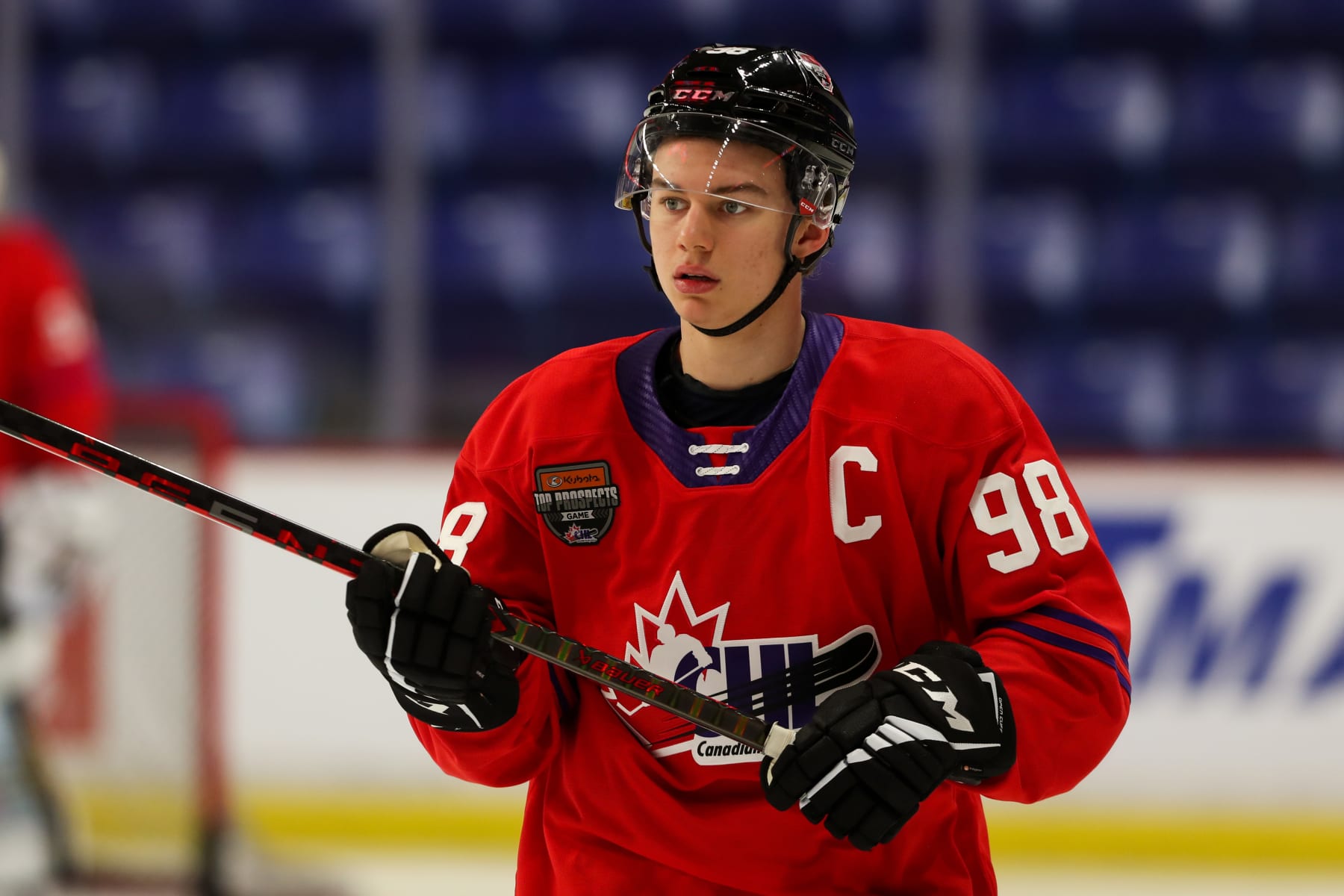 LANGLEY, BRITISH COLUMBIA - JANUARY 25: Forward Connor Bedard #98 of the Regina Pats skates for Team Red during the 2023 Kubota CHL Top Prospects Game Practice at the Langley Events Centre on January 25, 2023 in Langley, British Columbia. (Photo by Dennis Pajot/Getty Images)