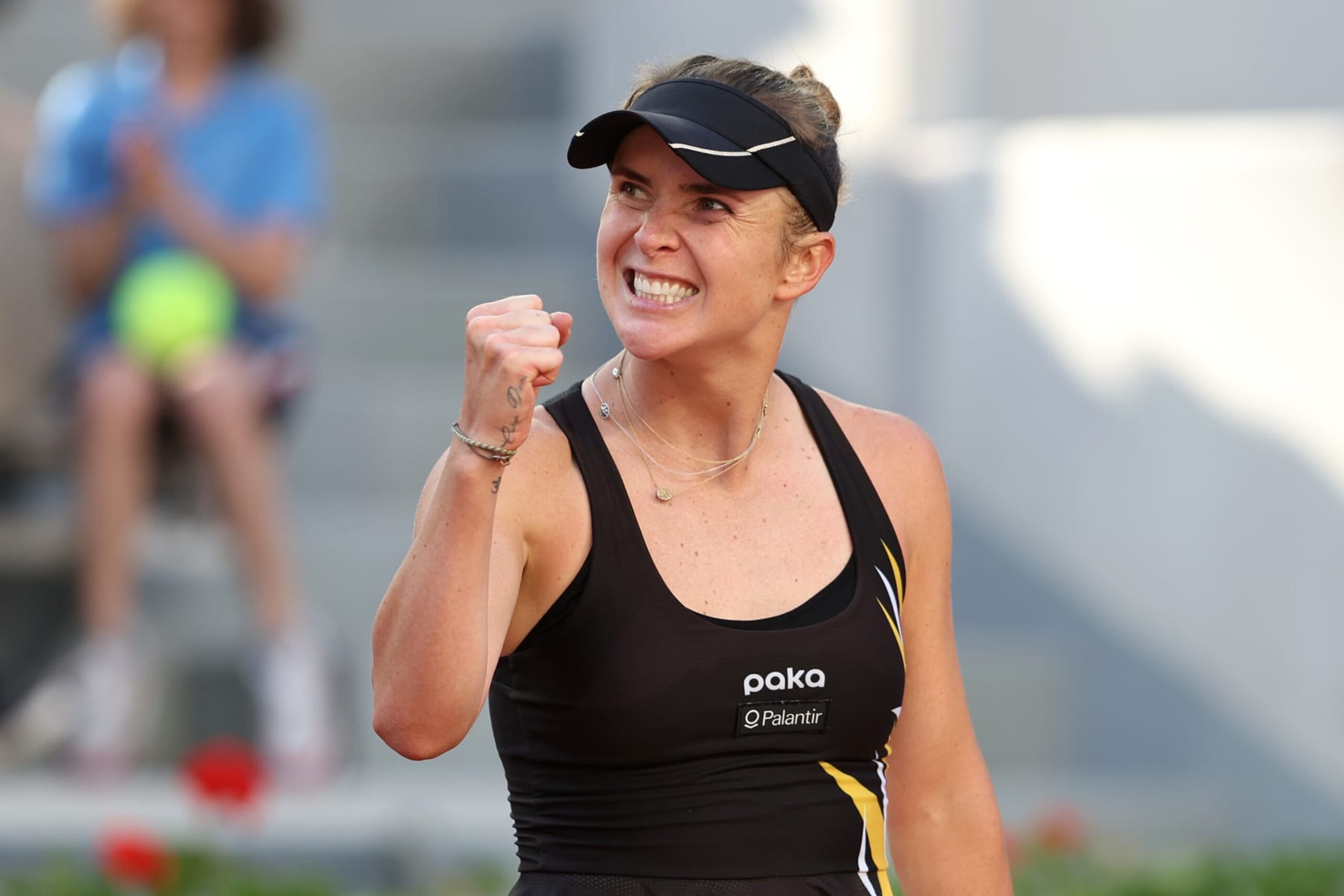 PARIS, FRANCE - JUNE 04: Elina Svitolina of Ukraine celebrates a point against Darya Kasatkina during the Women's Singles Fourth Round match on Day Eight of the 2023 French Open at Roland Garros on June 04, 2023 in Paris, France. (Photo by Julian Finney/Getty Images)