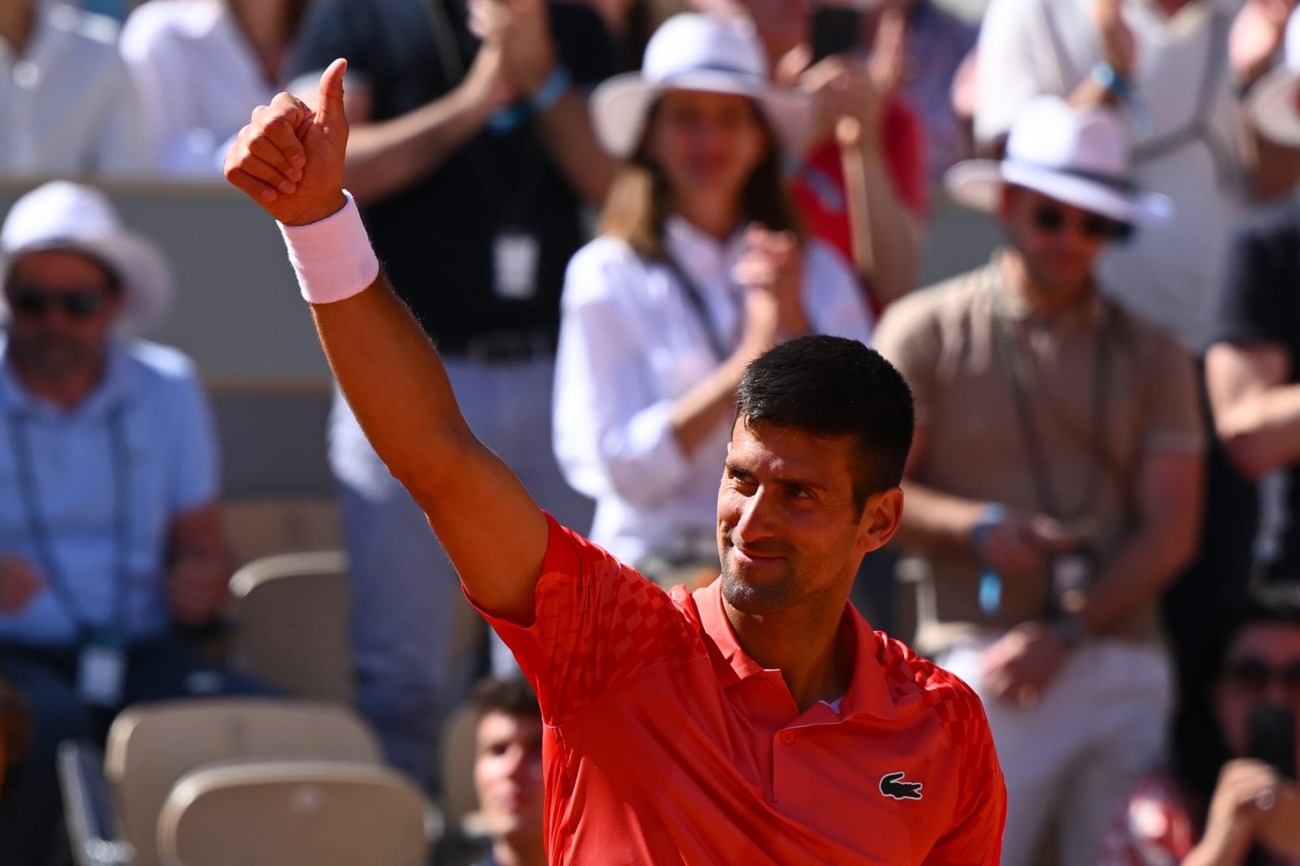 PARIS, FRANCE - JUNE 04: Novak Djokovic of Serbia celebrates winning match point against Pablo Juan Varillas of Peru during the Men's Singles Fourth Round match on Day Eight of the 2023 French Open at Roland Garros on June 04, 2023 in Paris, France. (Photo by Clive Mason/Getty Images)