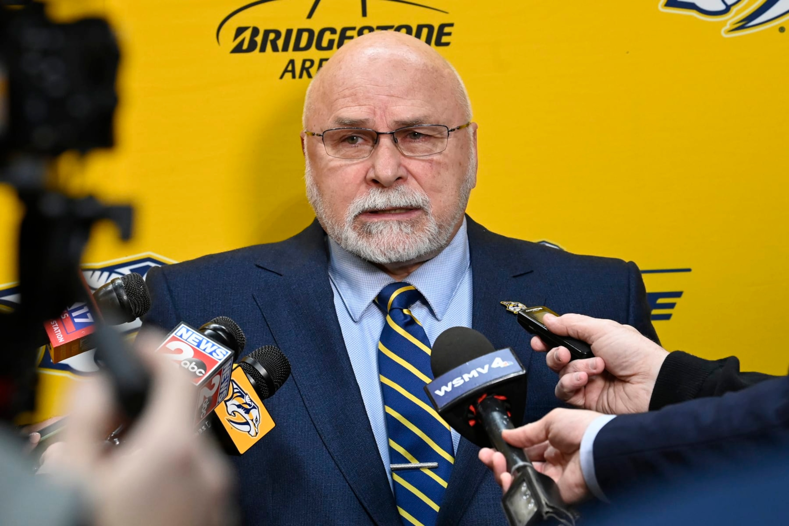 Former Nashville Predators head coach Barry Trotz speaks with members of the media after a news conference Monday, Feb. 27, 2023, in Nashville, Tenn. Trotz will become the next general manager of the Nashville Predators in July when general manager David Poile retires. (AP Photo/Mark Zaleski)