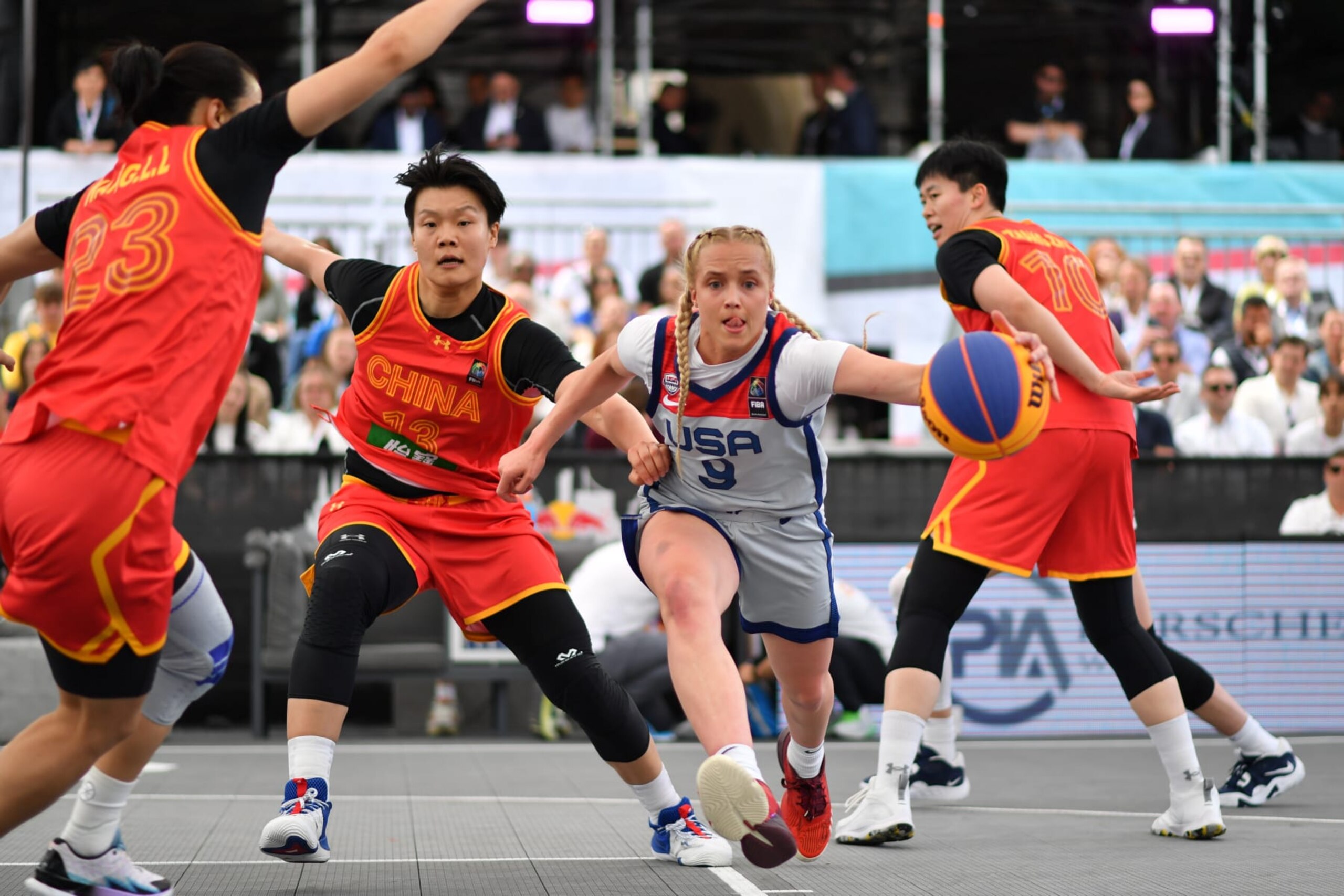VIENNA, AUSTRIA  JUNE 4: Ji Yuan Wan of China vies with Hailey Van Lith of the USA during the womens semifinal match between the USA and China on Day 6 of the FIBA 3x3 World cup at Rathausplatz on June 4, 2023 in Vienna, Austria. (Photo by Andrea Kareth /SEPA.Media /Getty Images)