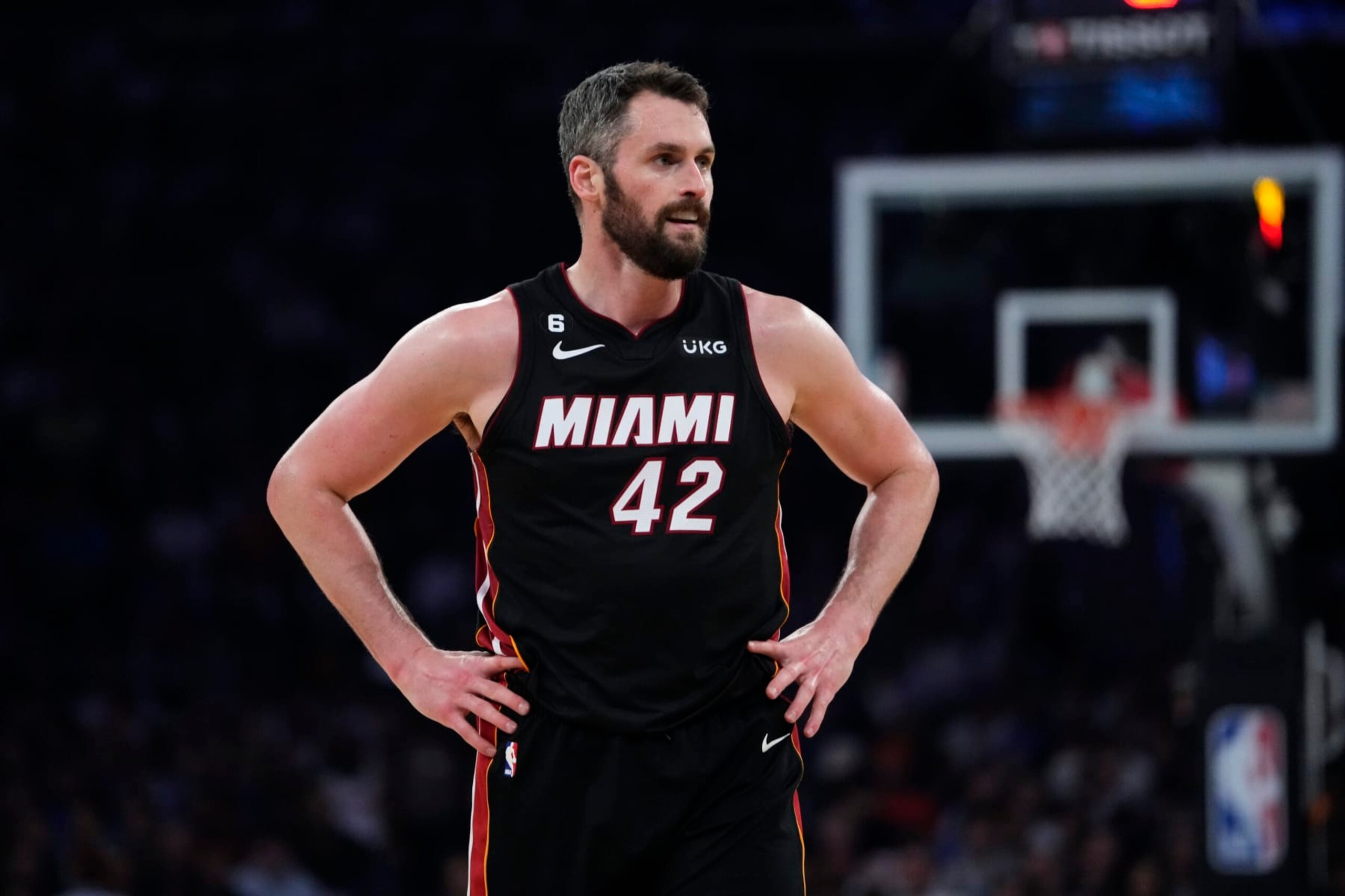 Miami Heat's Kevin Love (42) during the first half of Game 5 of the NBA basketball Eastern Conference playoff semifinal against the New York Knicks Wednesday, May 10, 2023, in New York. (AP Photo/Frank Franklin II) Miami Heat's Kevin Love (42) during the first half of Game 5 of the NBA basketball Eastern Conference playoff semifinal against the New York Knicks Wednesday, May 10, 2023, in New York. (AP Photo/Frank Franklin II)