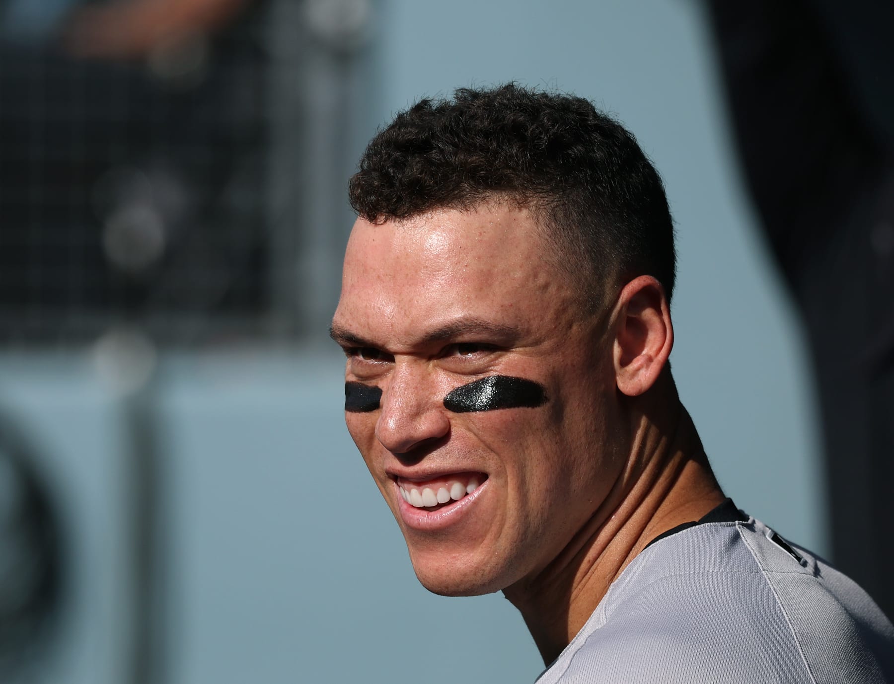 LOS ANGELES, CALIFORNIA - JUNE 03: Aaron Judge #99 of the New York Yankees reacts after a two run homerun from Jake Bauers #61, to take a 4-1 lead over the Los Angeles Dodgers, during the fourth inning at Dodger Stadium on June 03, 2023 in Los Angeles, California. (Photo by Harry How/Getty Images)