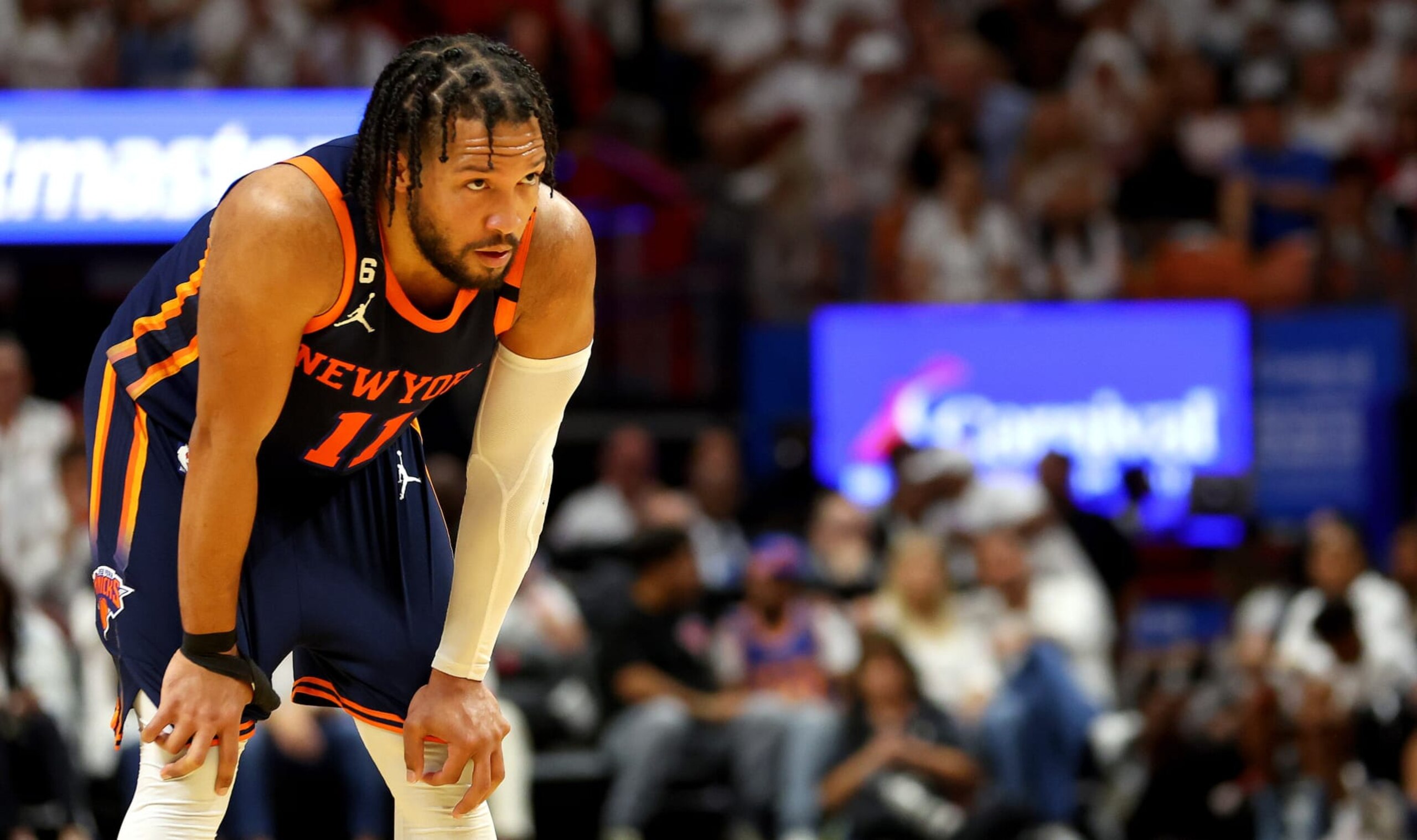 MIAMI, FLORIDA - MAY 12:  Jalen Brunson #11 of the New York Knicks looks on during game six of the Eastern Conference Semifinals in the 2023 NBA Playoffs against the Miami Heat at Kaseya Center on May 12, 2023 in Miami, Florida. (Photo by Mike Ehrmann/Getty Images)