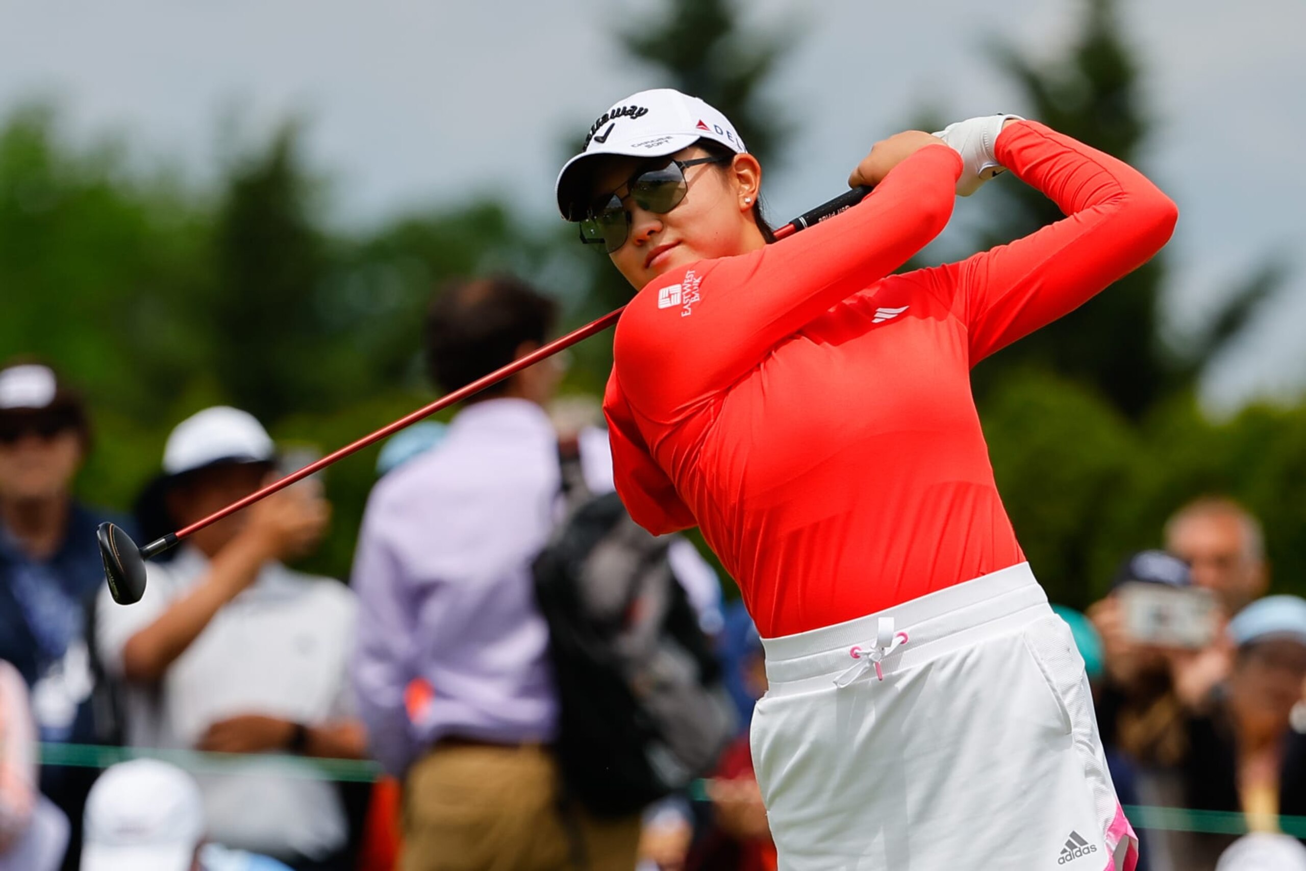 JERSEY CITY, NJ - JUNE 04:  Rose Zhang of the United States at the first tee during the final round of the LPGA Mizuho Americas Open on June 4, 2023 at Liberty National Golf Club in Jersey City, New Jersey.  (Photo by Rich Graessle/Icon Sportswire via Getty Images)