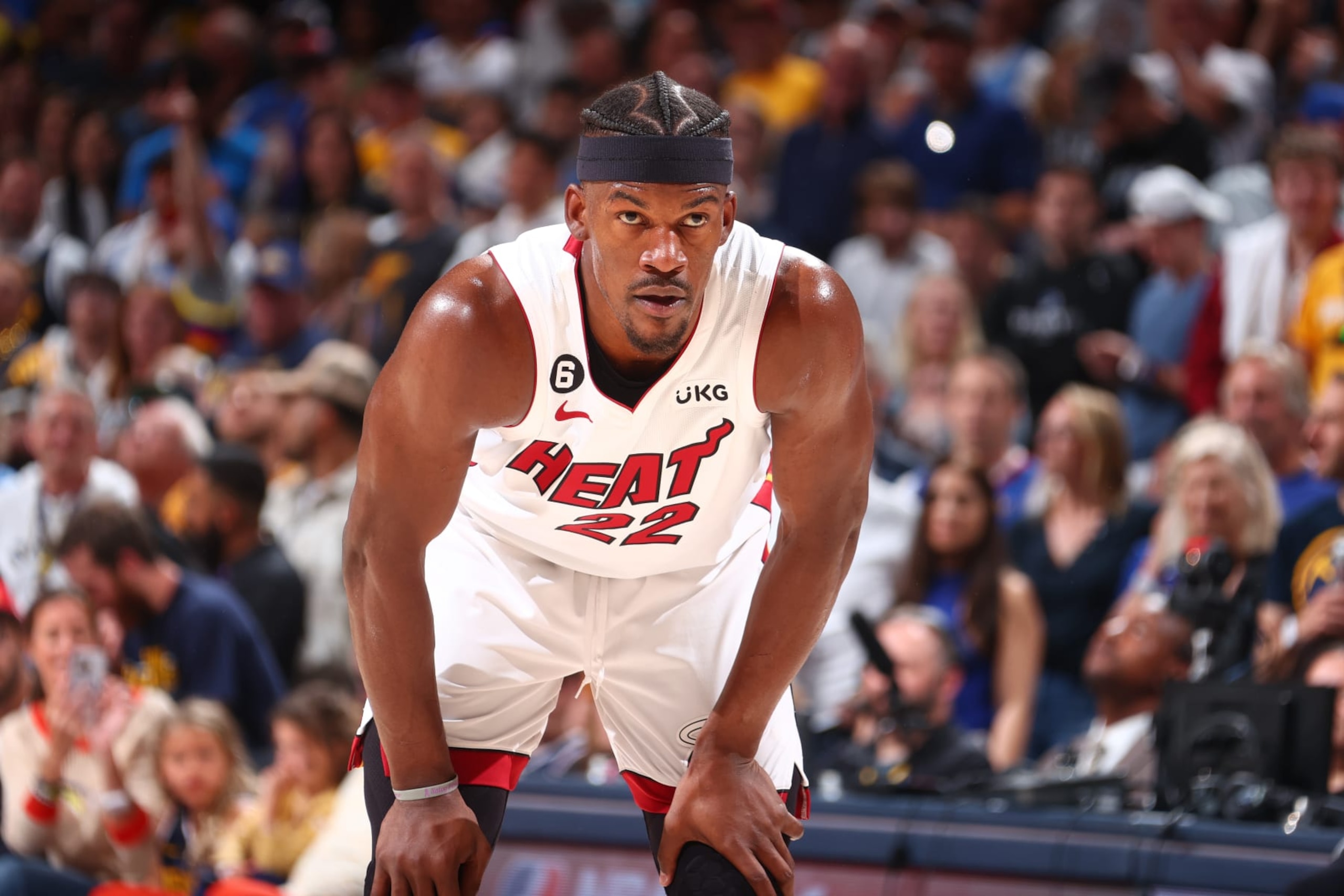 DENVER, CO - JUNE 4: Jimmy Butler #22 of the Miami Heat looks on during Game Two of the 2023 NBA Finals against the Denver Nuggets on June 4, 2023 at the Ball Arena in Denver, Colorado. NOTE TO USER: User expressly acknowledges and agrees that, by downloading and/or using this Photograph, user is consenting to the terms and conditions of the Getty Images License Agreement. Mandatory Copyright Notice: Copyright 2023 NBAE (Photo by Nathaniel S. Butler/NBAE via Getty Images)