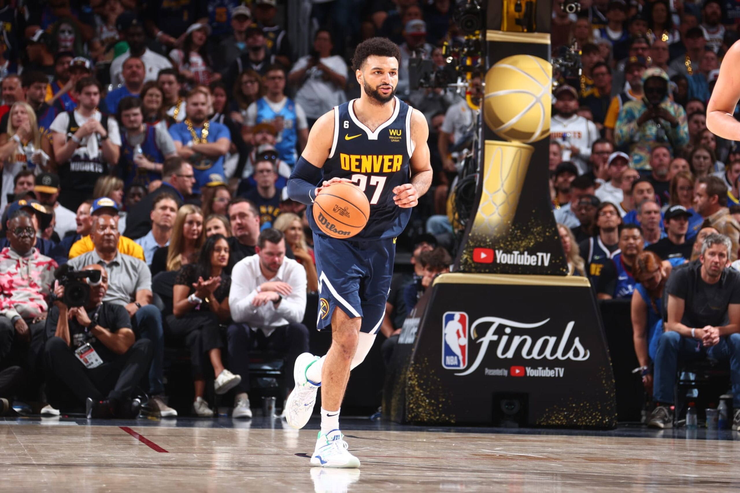 DENVER, CO - JUNE 4: Jamal Murray #27 of the Denver Nuggets dribbles the ball during Game Two of the 2023 NBA Finals against the Miami Heat on June 4, 2023 at the Ball Arena in Denver, Colorado. NOTE TO USER: User expressly acknowledges and agrees that, by downloading and/or using this Photograph, user is consenting to the terms and conditions of the Getty Images License Agreement. Mandatory Copyright Notice: Copyright 2023 NBAE (Photo by Nathaniel S. Butler/NBAE via Getty Images) DENVER, CO - JUNE 4: Jamal Murray #27 of the Denver Nuggets dribbles the ball during Game Two of the 2023 NBA Finals against the Miami Heat on June 4, 2023 at the Ball Arena in Denver, Colorado. NOTE TO USER: User expressly acknowledges and agrees that, by downloading and/or using this Photograph, user is consenting to the terms and conditions of the Getty Images License Agreement. Mandatory Copyright Notice: Copyright 2023 NBAE (Photo by Nathaniel S. Butler/NBAE via Getty Images)