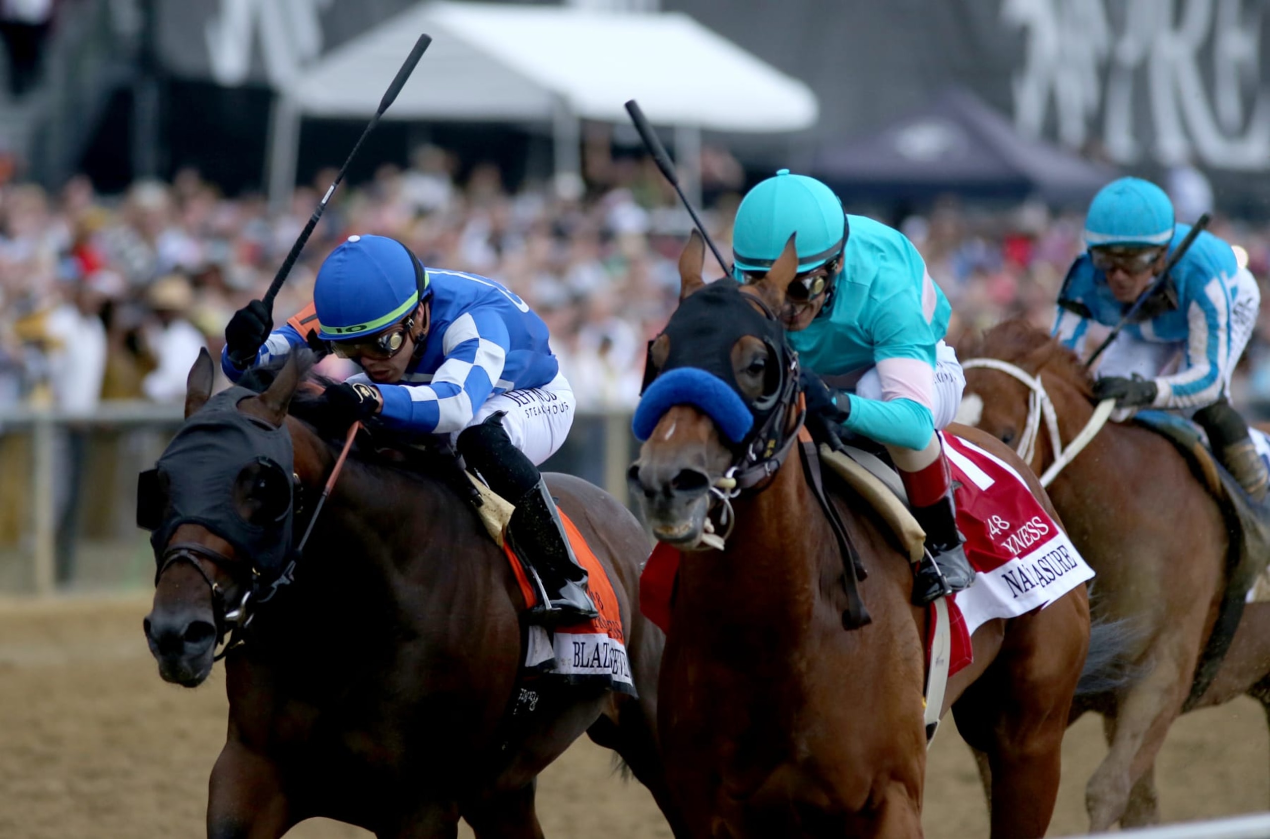 National Treasure, right, duels with Blazing Sevens at the 2023 Preakness. National Treasure, right, duels with Blazing Sevens at the 2023 Preakness.