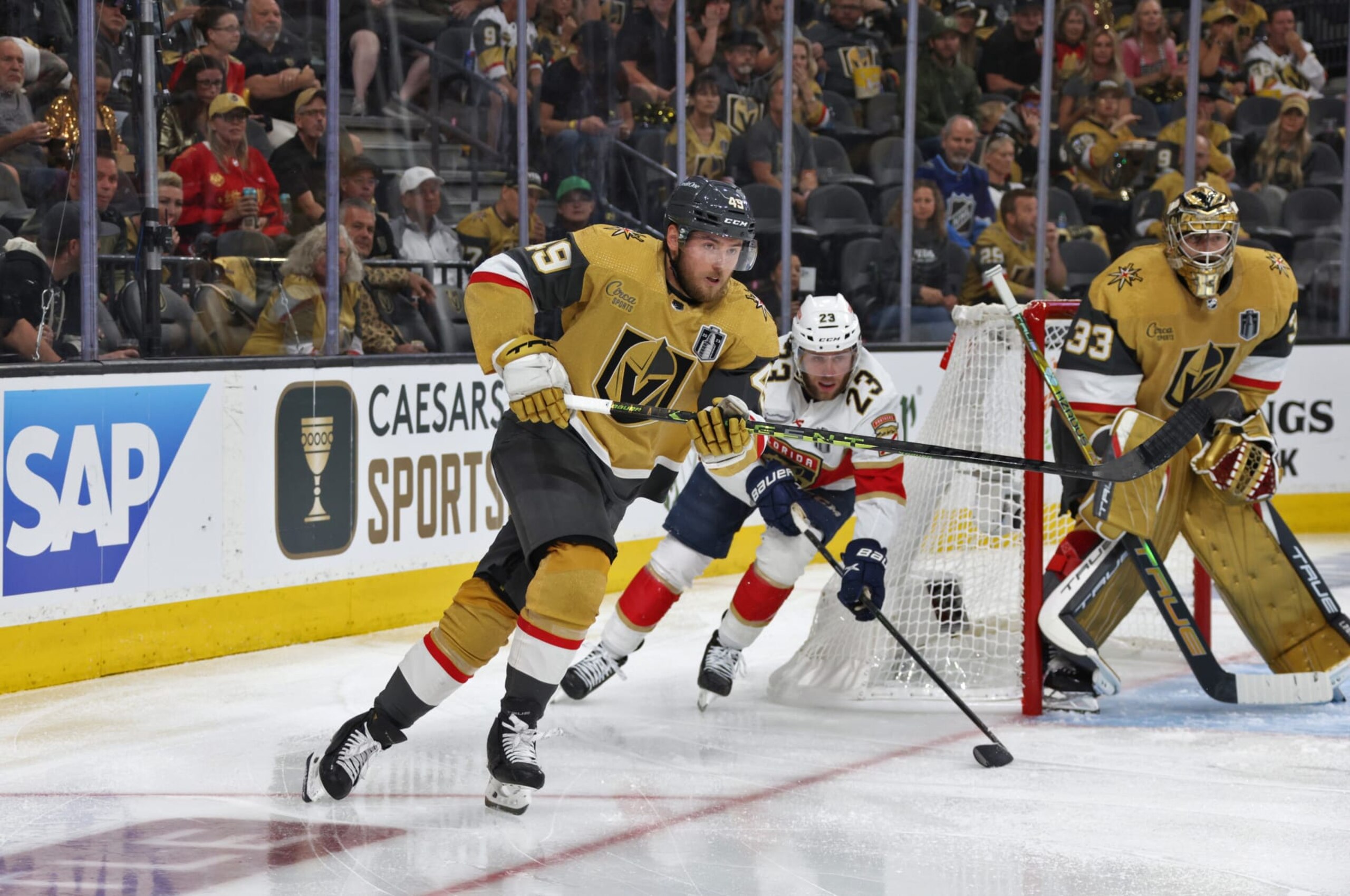 LAS VEGAS, NEVADA - JUNE 03: Ivan Barbashev #49 of the Vegas Golden Knights and Carter Verhaeghe #23 of the Florida Panthers pursue the play during the second period of Game One of the 2023 NHL Stanley Cup Final between the Florida Panthers and the Vegas Golden Knights at T-Mobile Arena on June 03, 2023 in Las Vegas, Nevada. (Photo by Dave Sandford/NHLI via Getty Images)