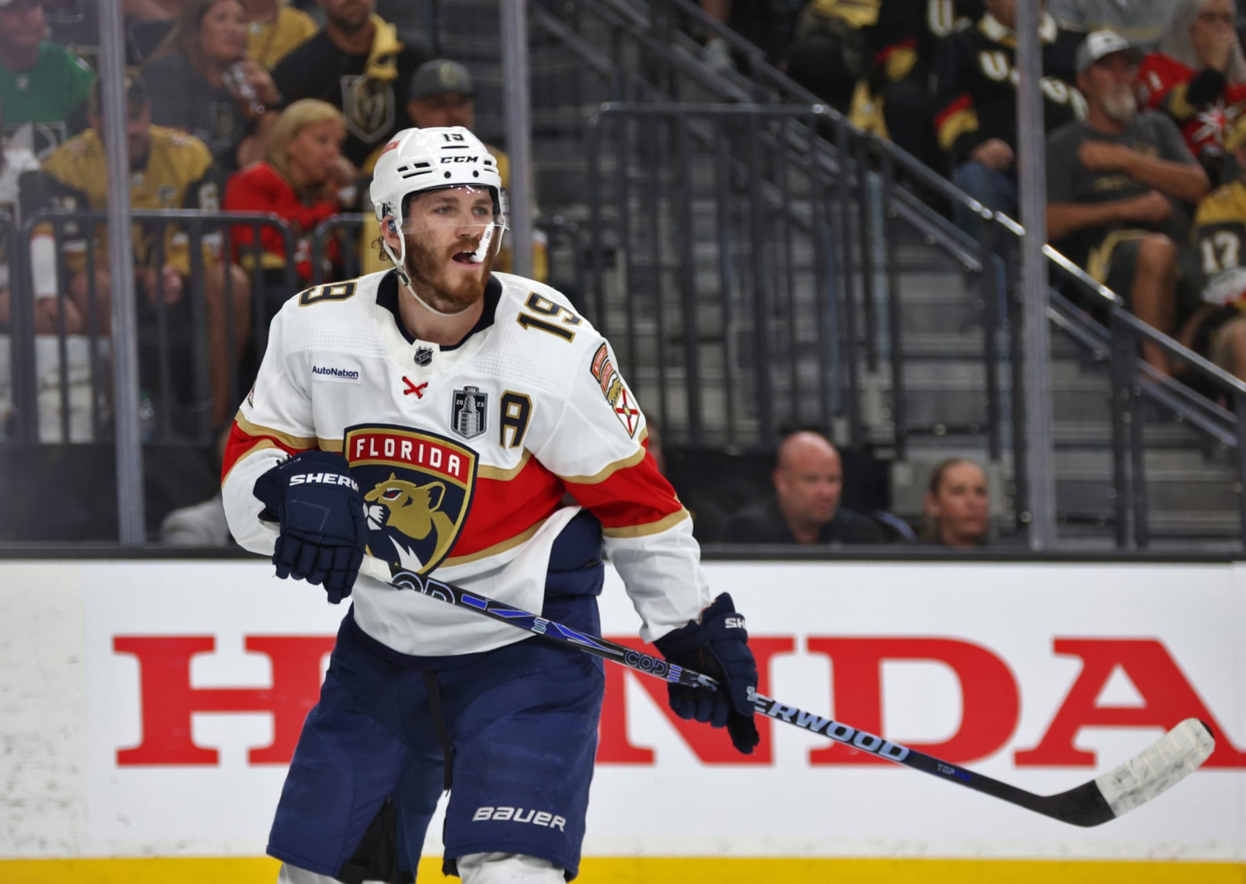 LAS VEGAS, NEVADA - JUNE 03: Matthew Tkachuk #19 of the Florida Panthers skates during the second period of Game One of the 2023 NHL Stanley Cup Final between the Florida Panthers and the Vegas Golden Knights at T-Mobile Arena on June 03, 2023 in Las Vegas, Nevada. (Photo by Dave Sandford/NHLI via Getty Images)