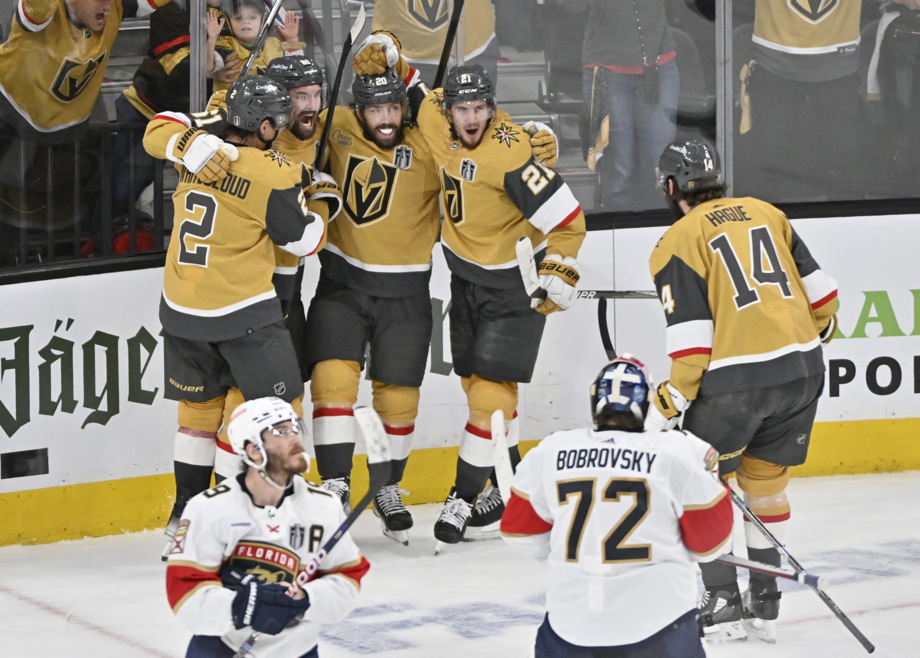 LAS VEGAS, NEVADA - JUNE 03: Mark Stone #61 of the Vegas Golden Knights celebrates with teammates after scoring a goal during the third period against the Florida Panthers in Game One of the 2023 NHL Stanley Cup Final at T-Mobile Arena on June 03, 2023 in Las Vegas, Nevada. (Photo by David Becker/NHLI via Getty Images)