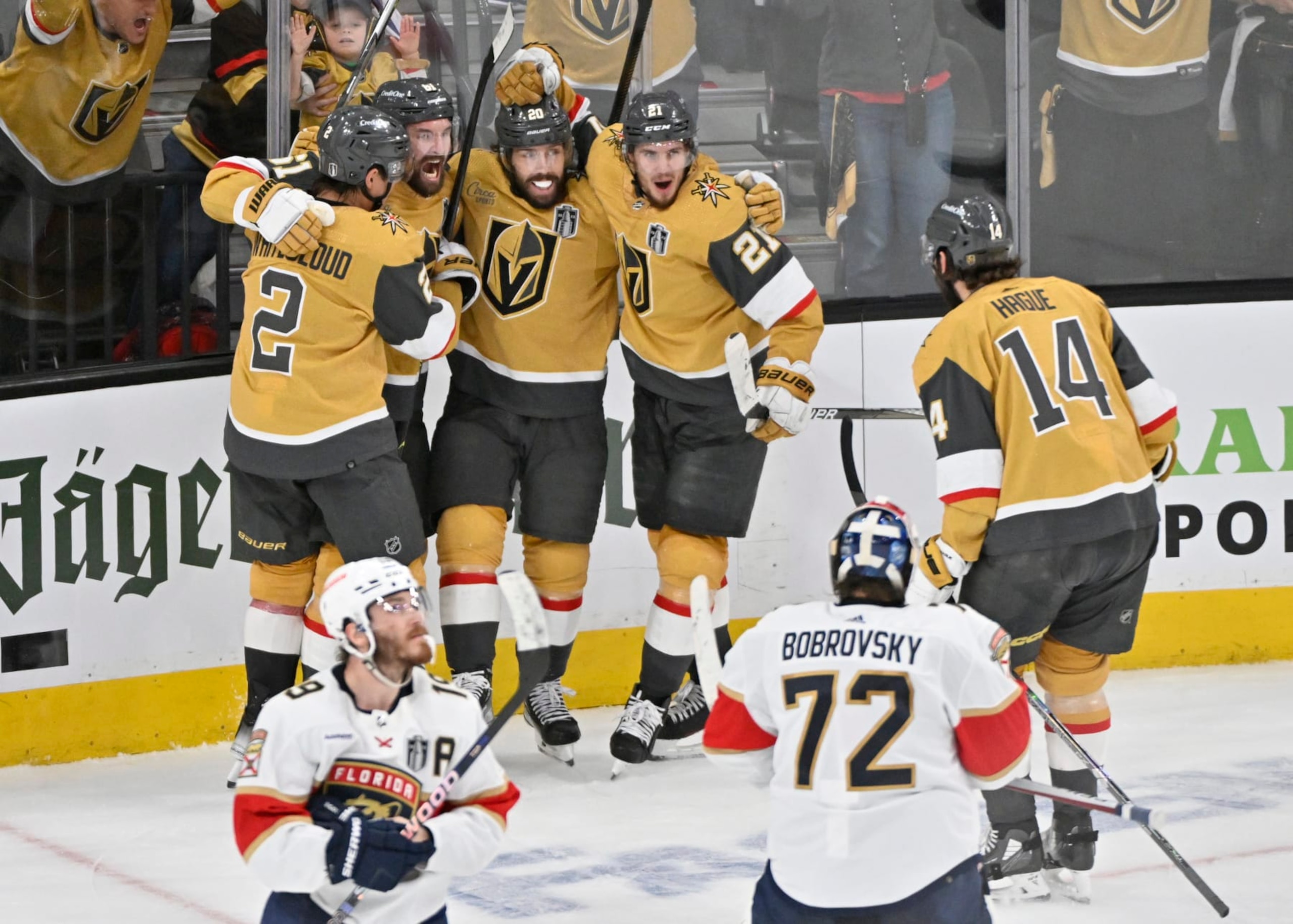 LAS VEGAS, NEVADA - JUNE 03: Mark Stone #61 of the Vegas Golden Knights celebrates with teammates after scoring a goal during the third period against the Florida Panthers in Game One of the 2023 NHL Stanley Cup Final at T-Mobile Arena on June 03, 2023 in Las Vegas, Nevada. (Photo by David Becker/NHLI via Getty Images)