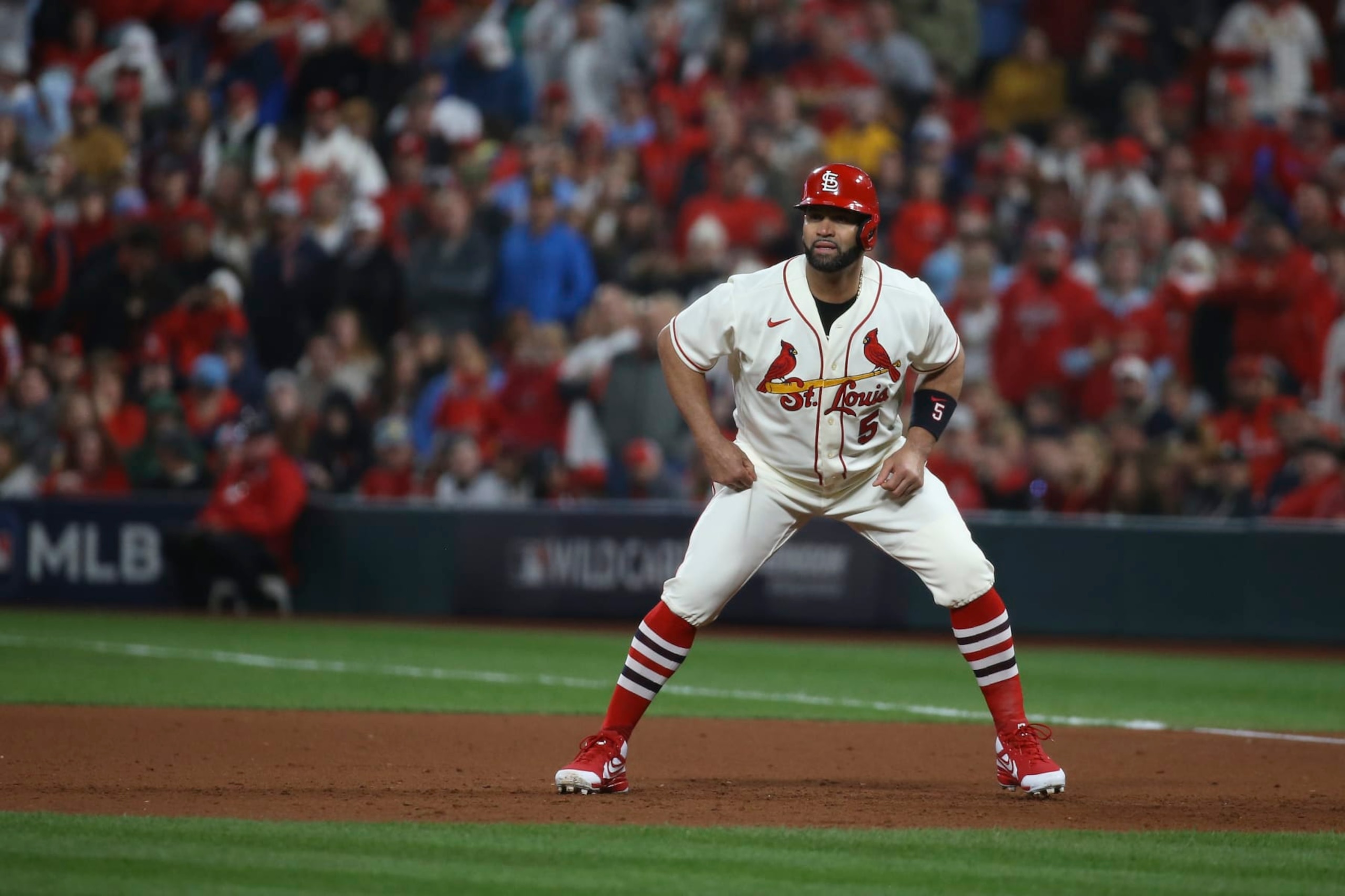 St. Louis Cardinals' Albert Pujols leads off first during the sixth inning in Game 2 of the team's NL wild-card baseball playoff series against the Philadelphia Phillies, Saturday, Oct. 8, 2022, in St. Louis. (AP Photo/Scott Kane)