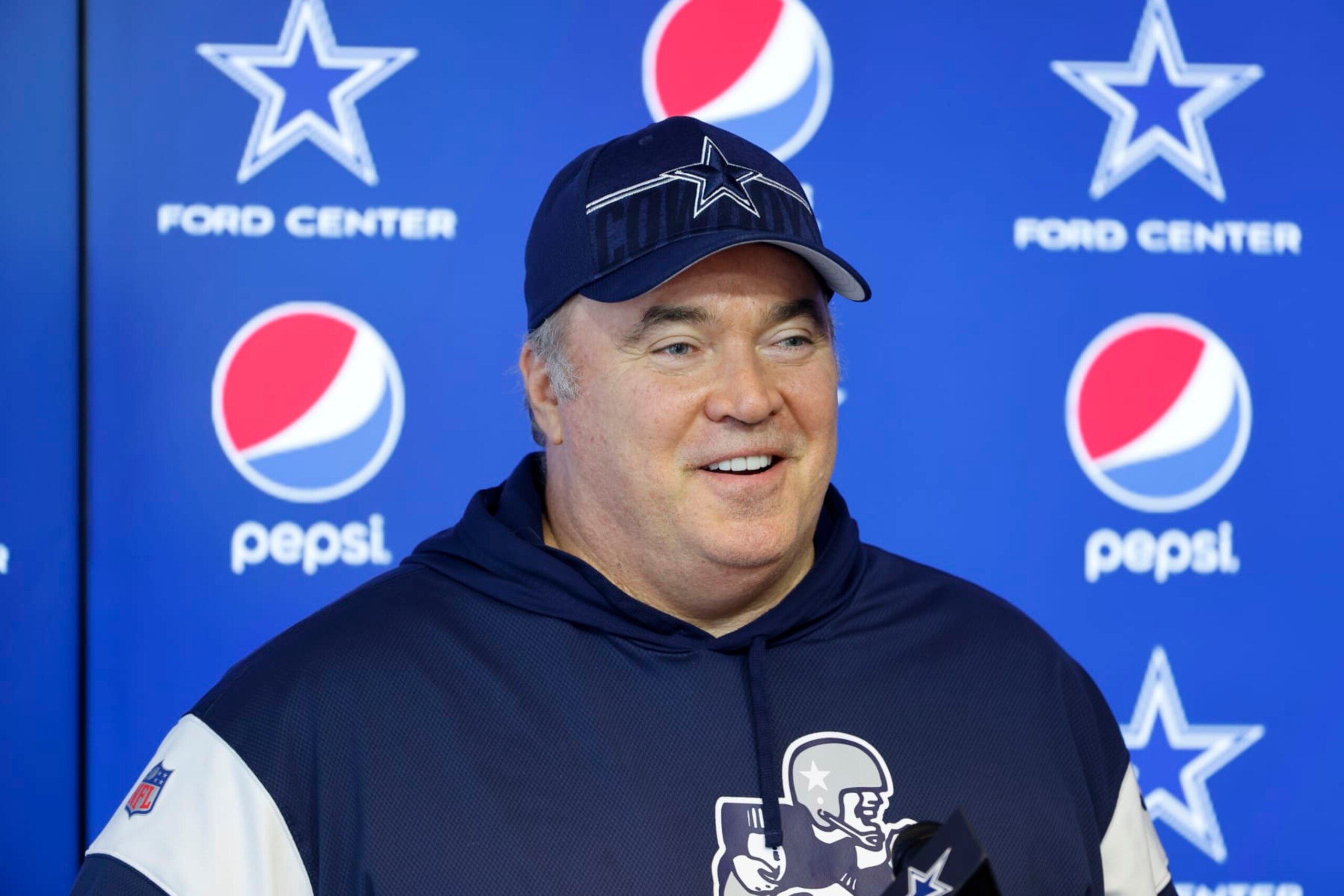 Dallas Cowboys head coach Mike McCarthy talks to the media prior to NFL football practice at the team's training facility in Frisco, Texas, Thursday, May 25, 2023. (AP Photo/Michael Ainsworth)
