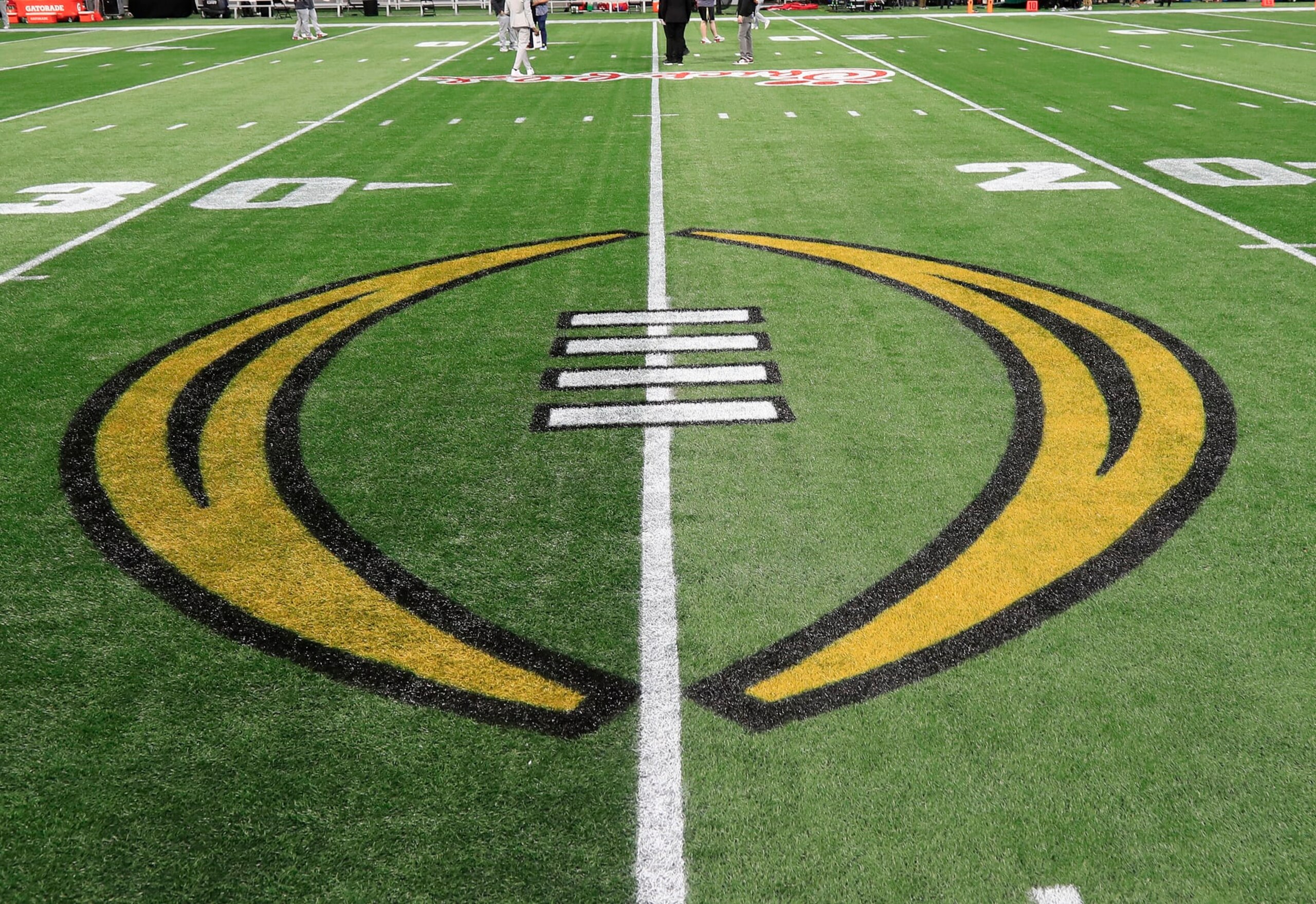ATLANTA, GA - DECEMBER 31:  Bowl Game logos on and around the field before the college football game between the University of Georgia Bulldogs and The Ohio State Buckeyes on December 31, 2022 at the Mercedes-Benz Stadium in Atlanta, GA.  (Photo by David J. Griffin/Icon Sportswire via Getty Images)