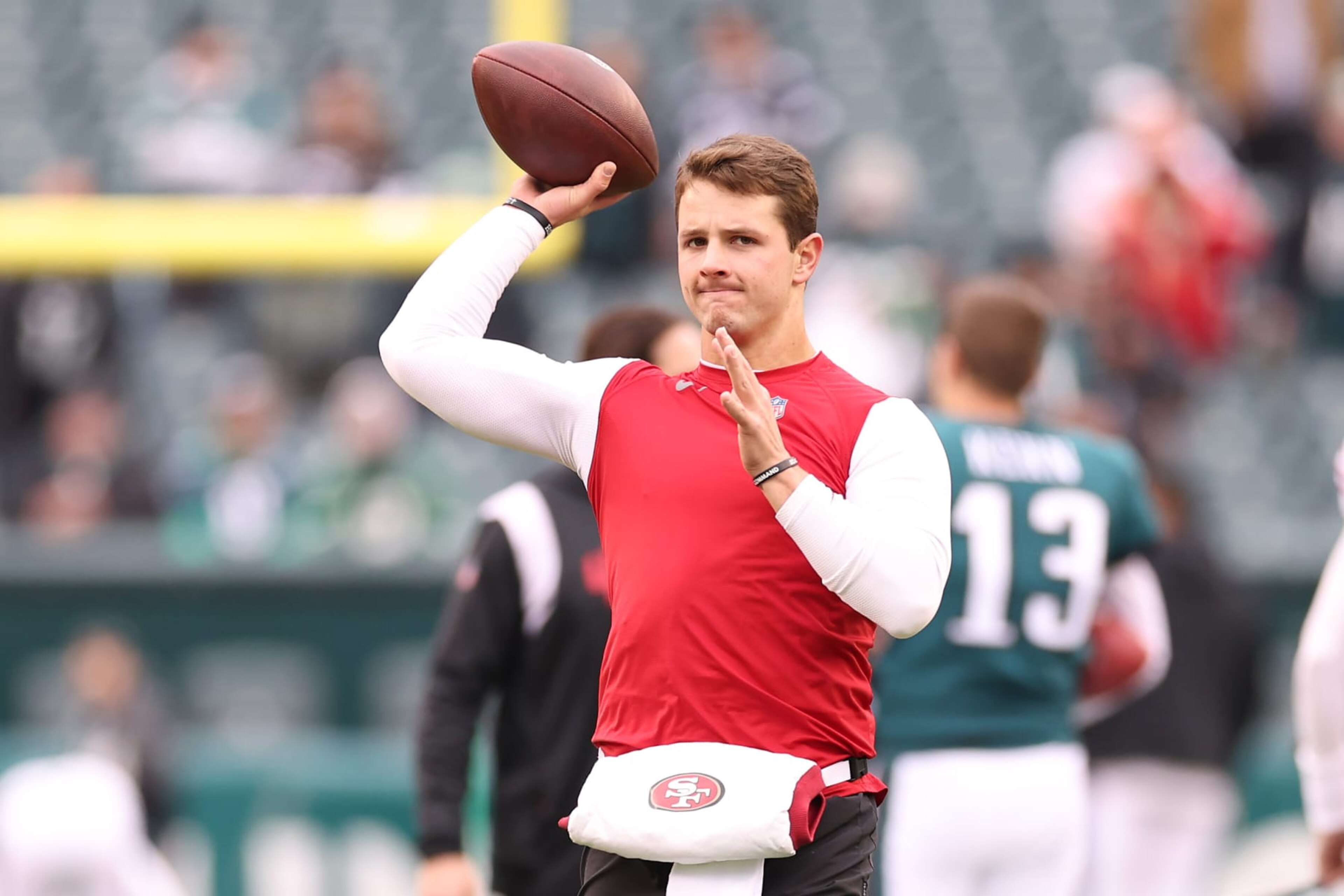PHILADELPHIA, PENNSYLVANIA - JANUARY 29: Brock Purdy #13 of the San Francisco 49ers warms up prior to the NFC Championship Game against the Philadelphia Eagles at Lincoln Financial Field on January 29, 2023 in Philadelphia, Pennsylvania. (Photo by Tim Nwachukwu/Getty Images)
